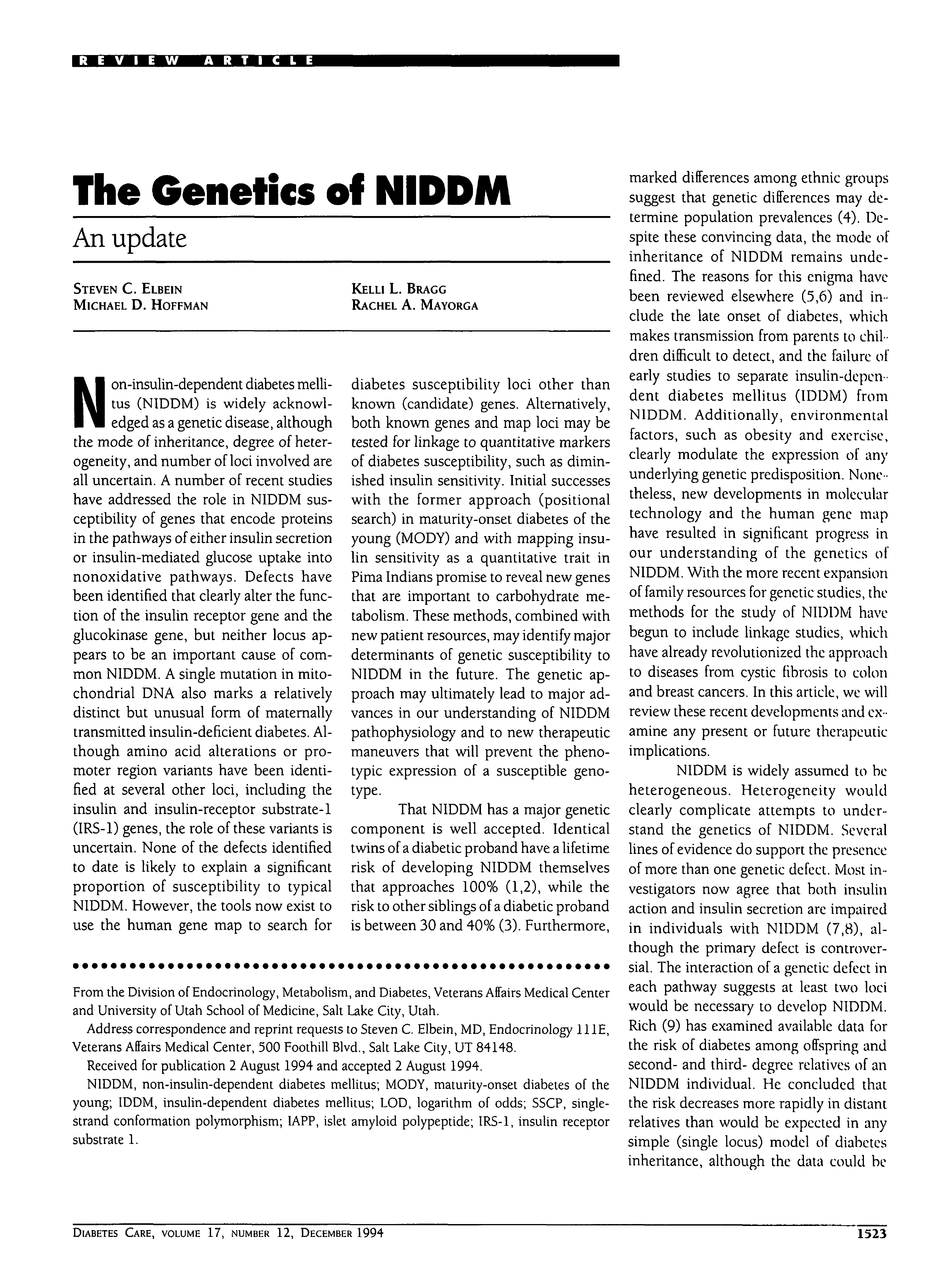 First page of The Genetics of NIDDM: An update
