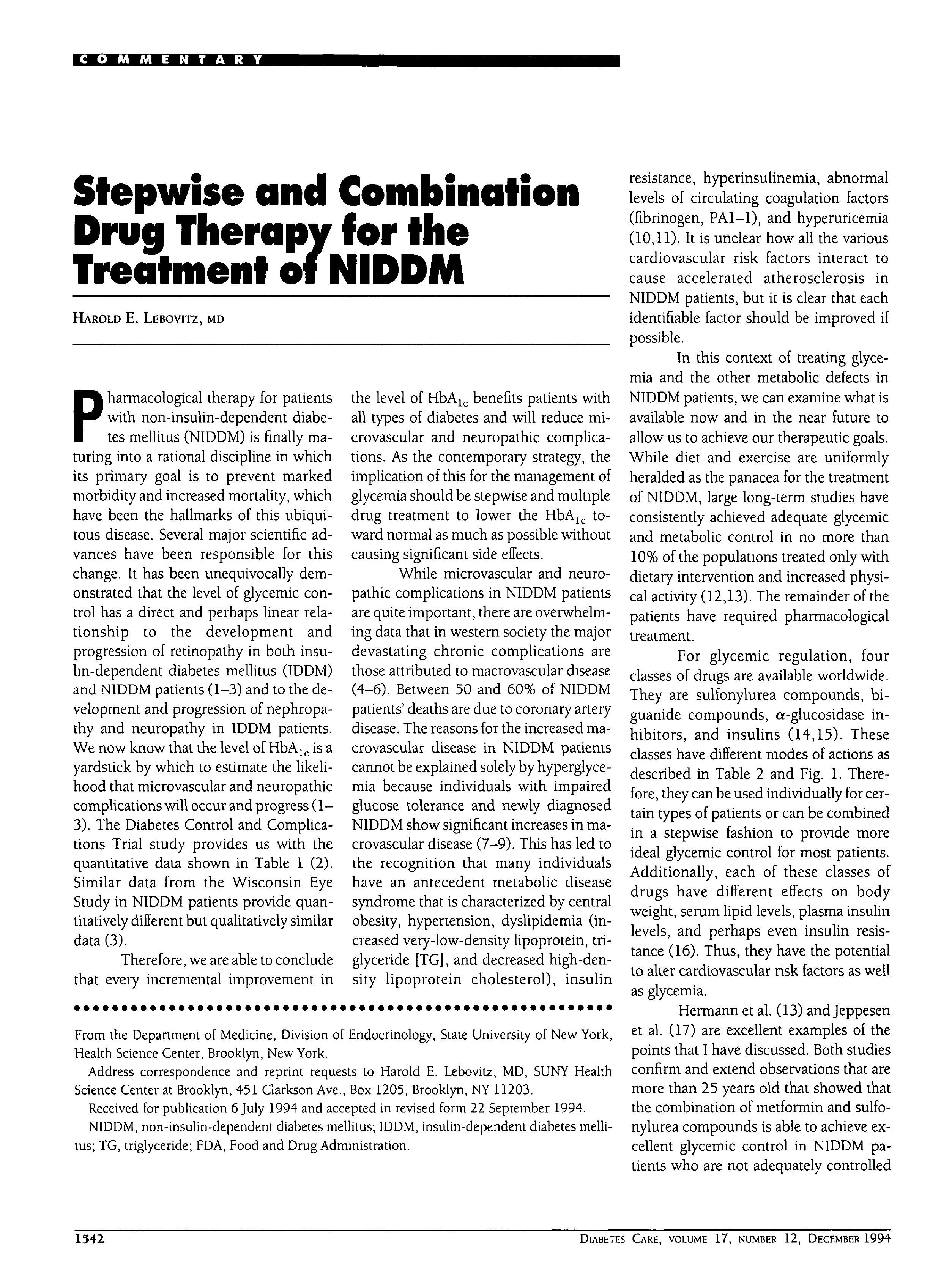 First page of Stepwise and Combination Drug Therapy for the Treatment of NIDDM