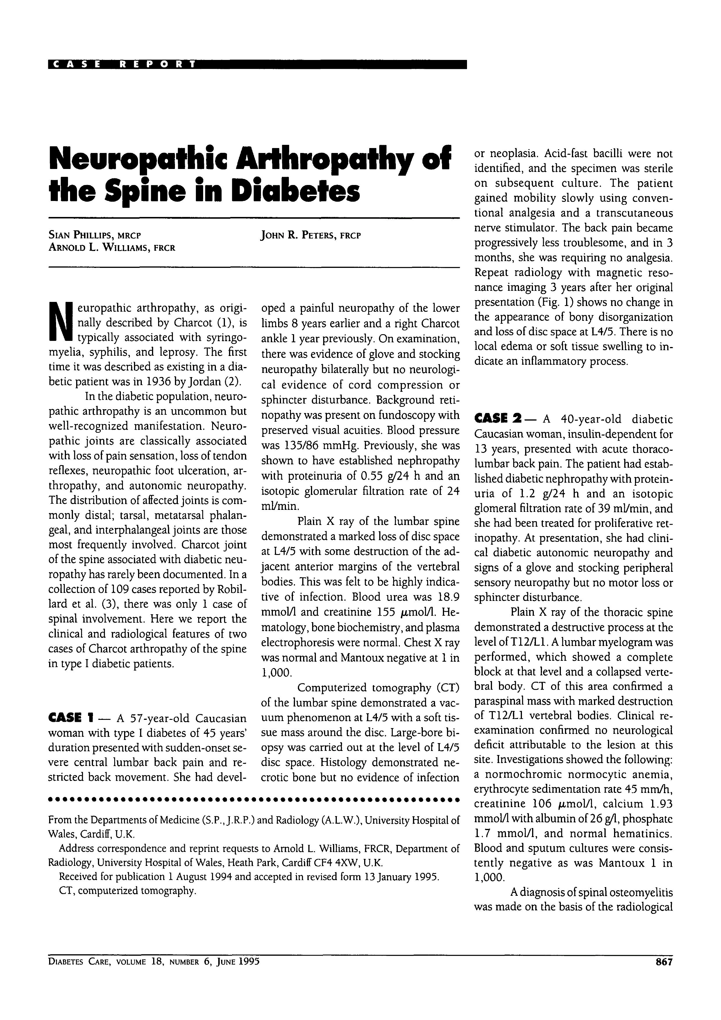 Neuropathic Arthropathy of the Spine in Diabetes Diabetes Care
