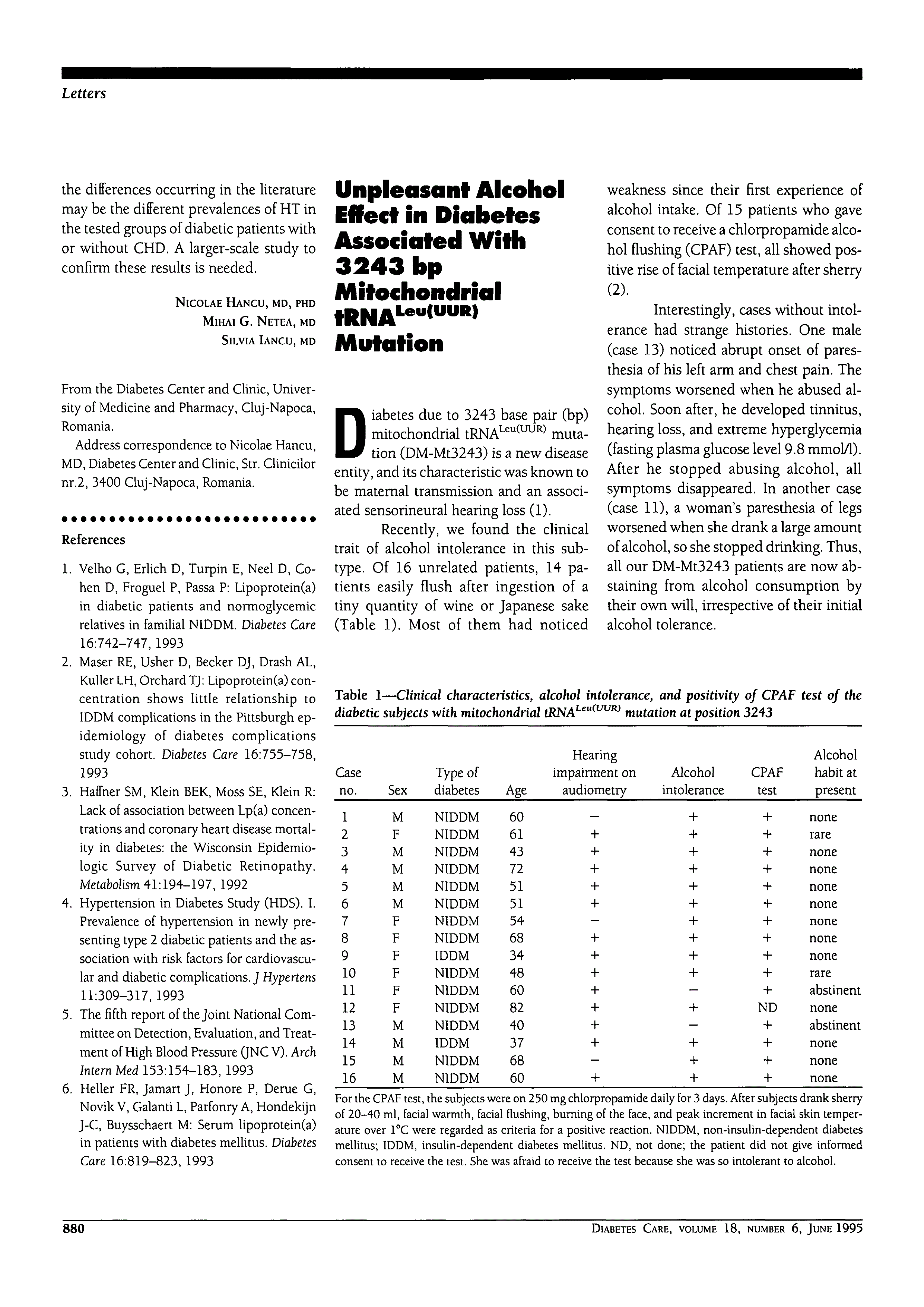 First page of Unpleasant Alcohol Effect in Diabetes Associated With 3243 bp Mitochondrial tRNA<sup>Leu(UUR)</sup> Mutation