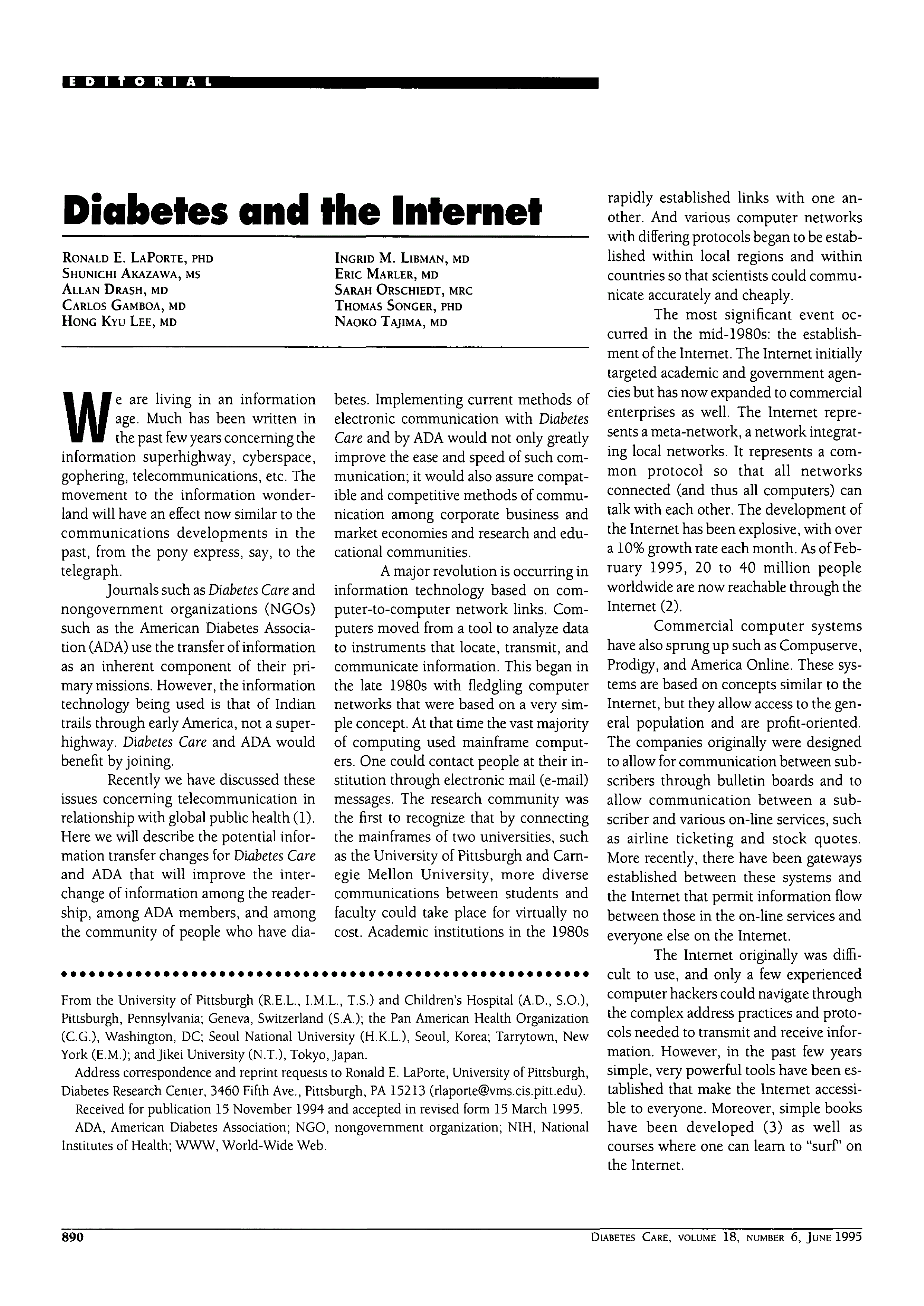 First page of Diabetes and the Internet