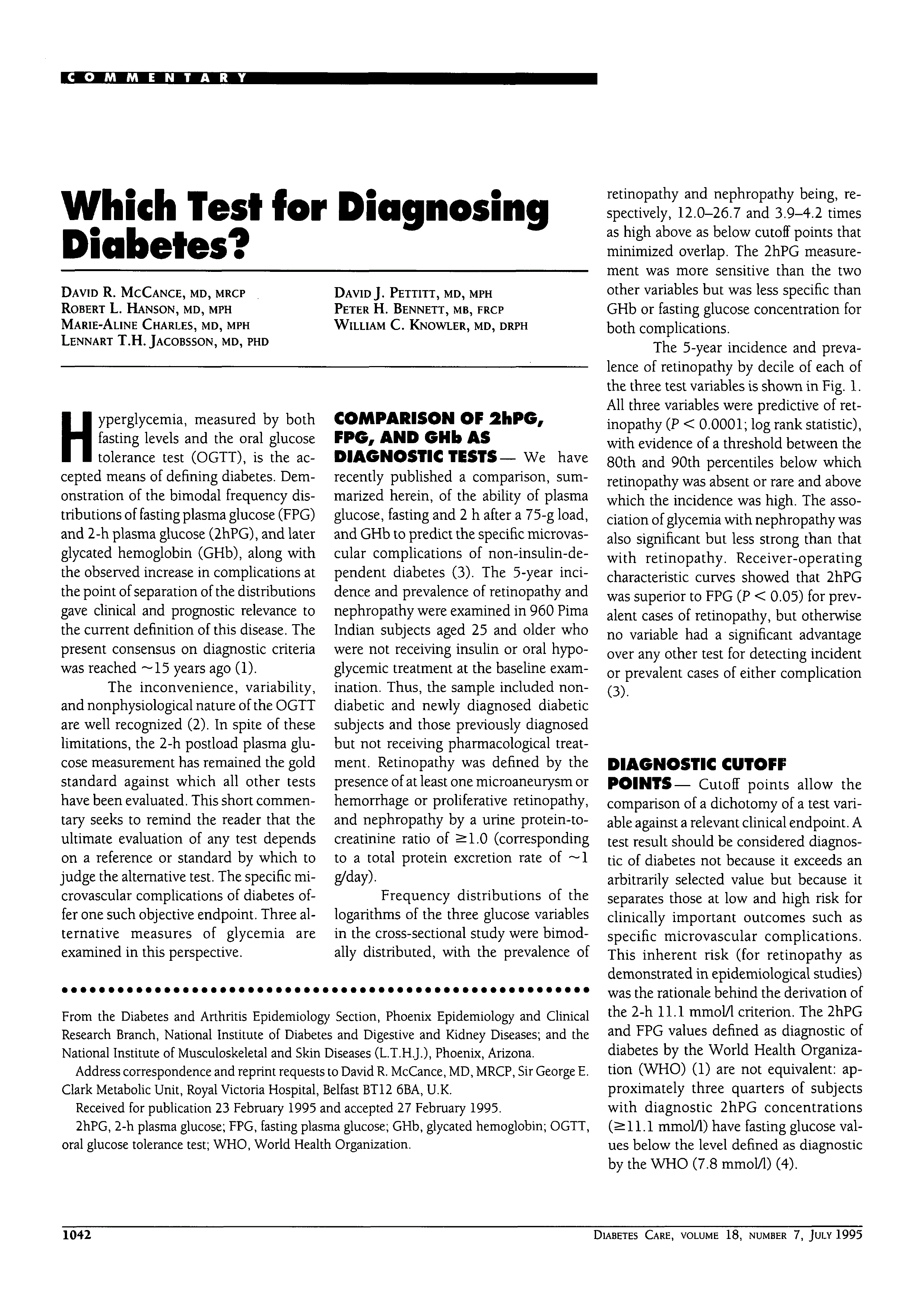 First page of Which Test for Diagnosing Diabetes?