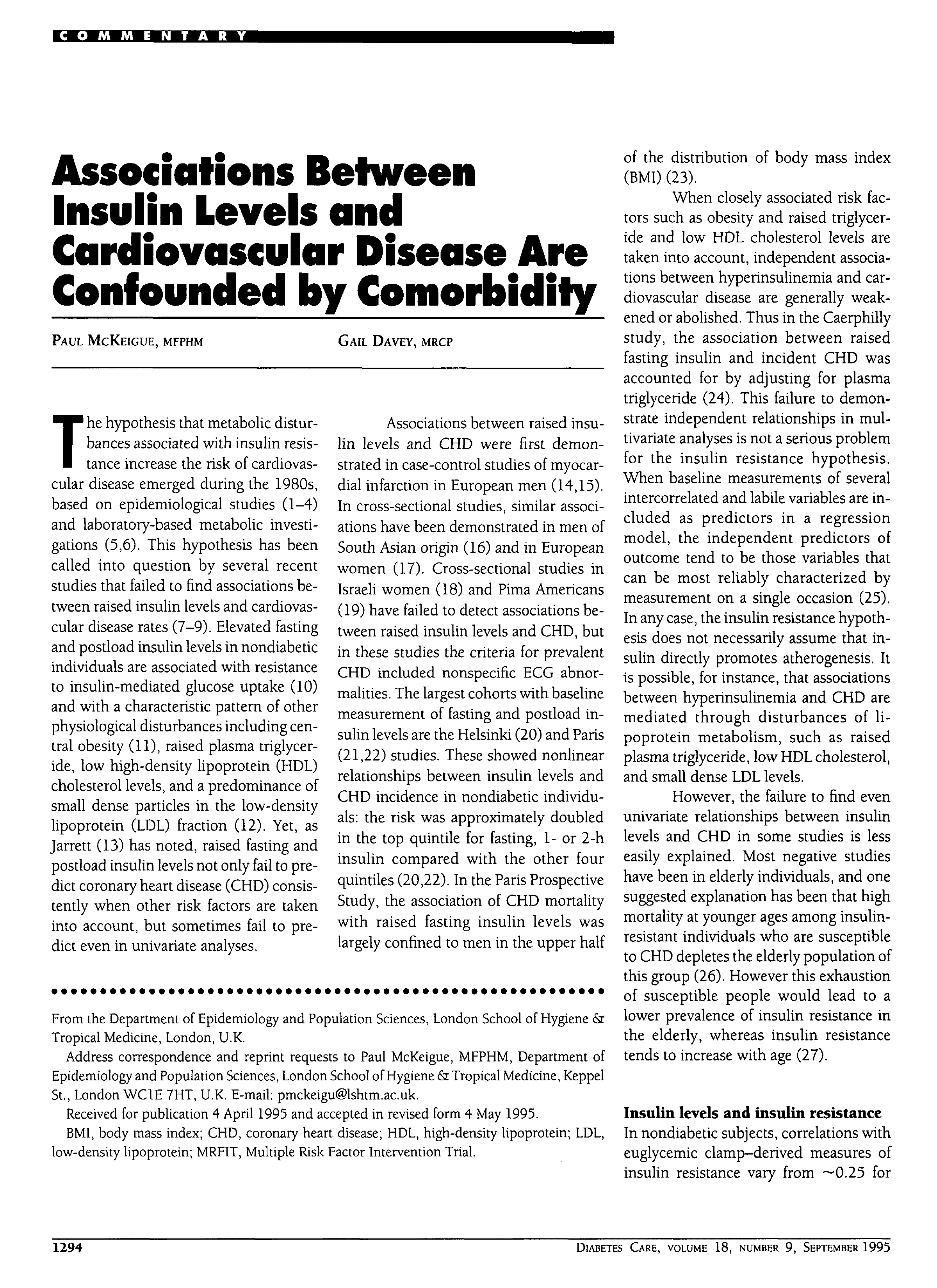 First page of Associations Between Insulin Levels and Cardiovascular Disease Are Confounded by Comorbidity