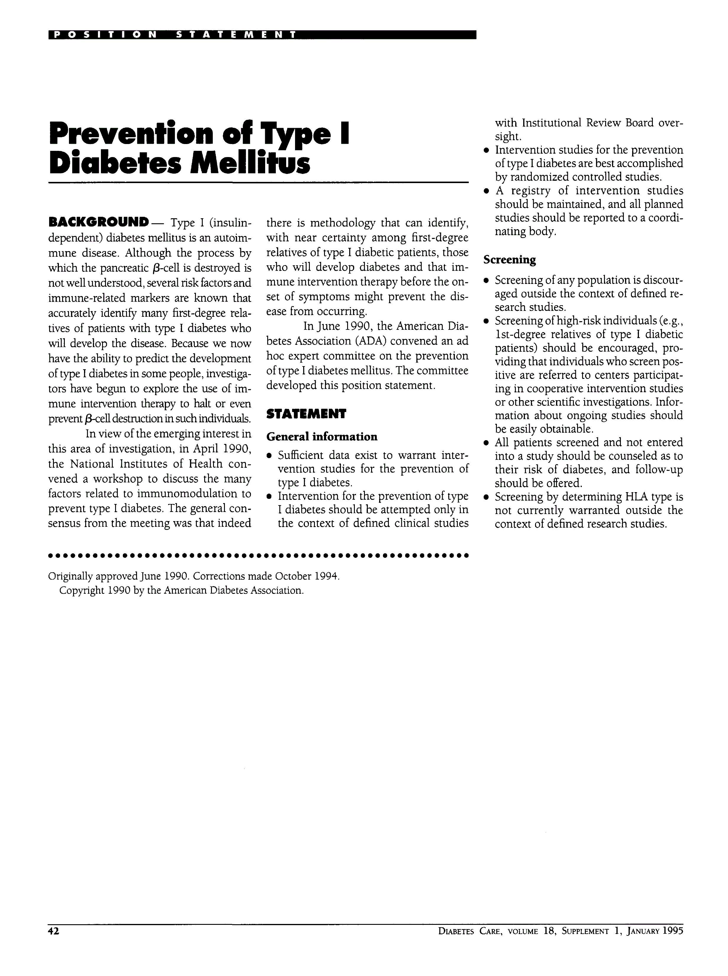 First page of Prevention of Type I Diabetes Mellitus