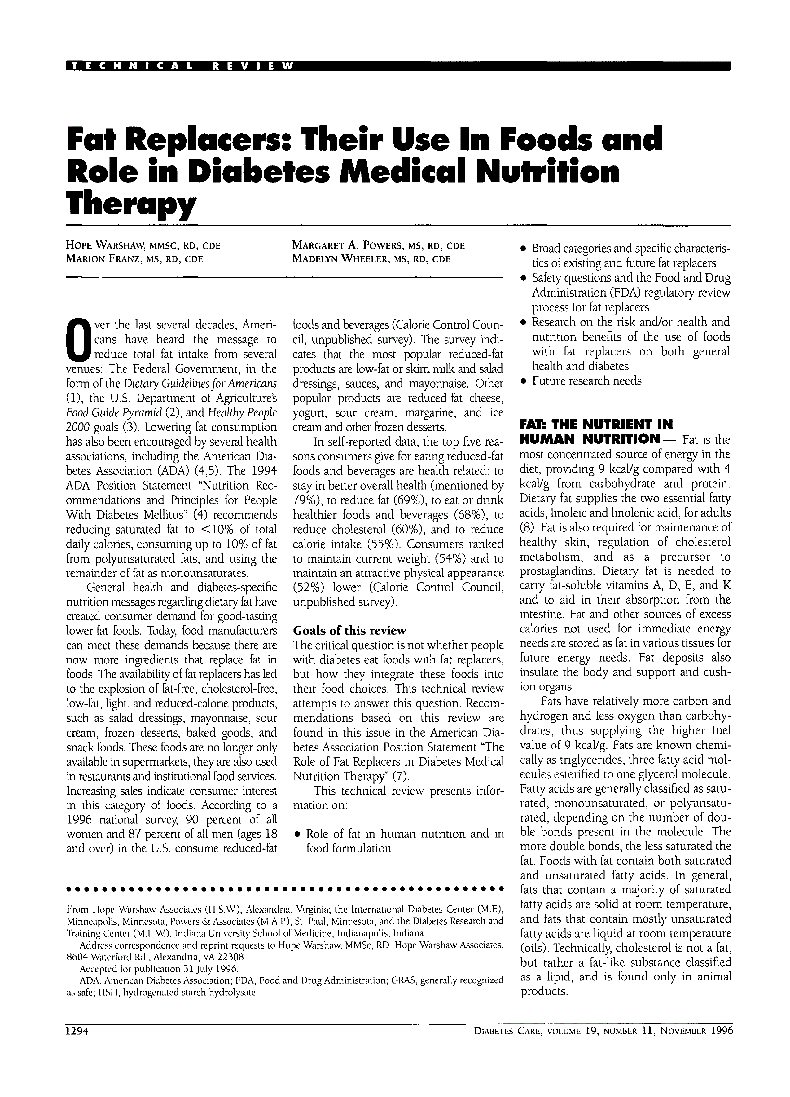 First page of Fat Replacers: Their Use In Foods and Role in Diabetes Medical Nutrition Therapy