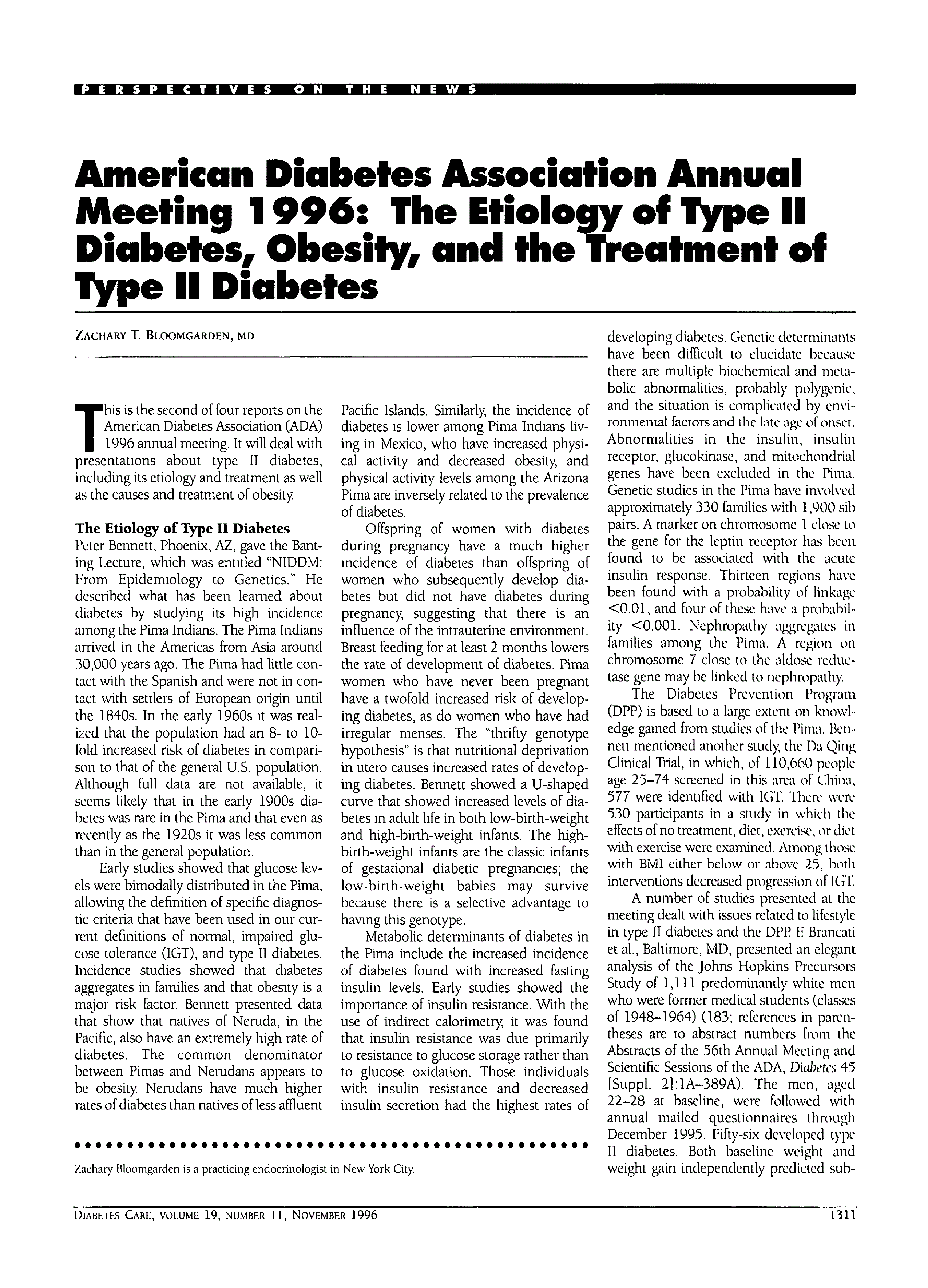 First page of American Diabetes Association Annual Meeting 1996: The Etiology of Type II Diabetes, Obesity, and the Treatment of Type II Diabetes