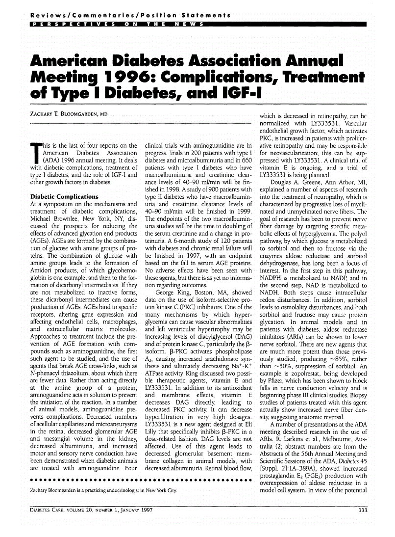 First page of American Diabetes Association Annual Meeting 1996: Complications, Treatment of Type I Diabetes, and IGF-1