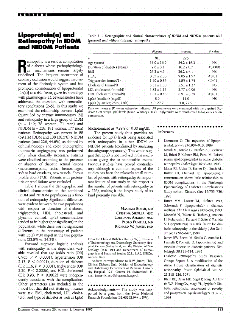 First page of Lipoprotein(a) and Retinopathy in IDDM and NIDDM Patients