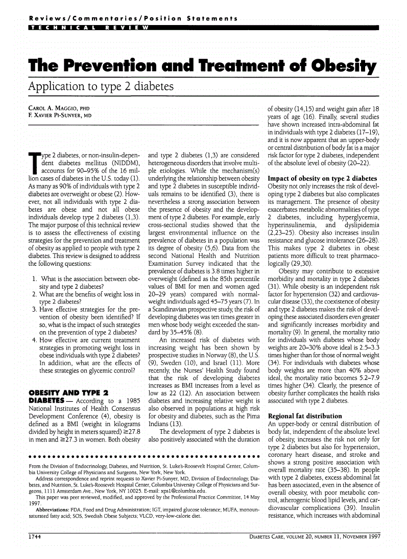First page of The Prevention and Treatment of Obesity: Application to type 2 diabetes