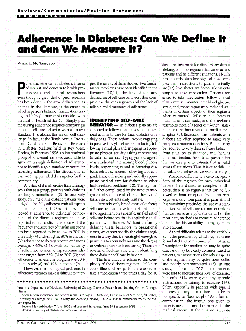 First page of Adherence in Diabetes: Can We Define It and Can We Measure It?