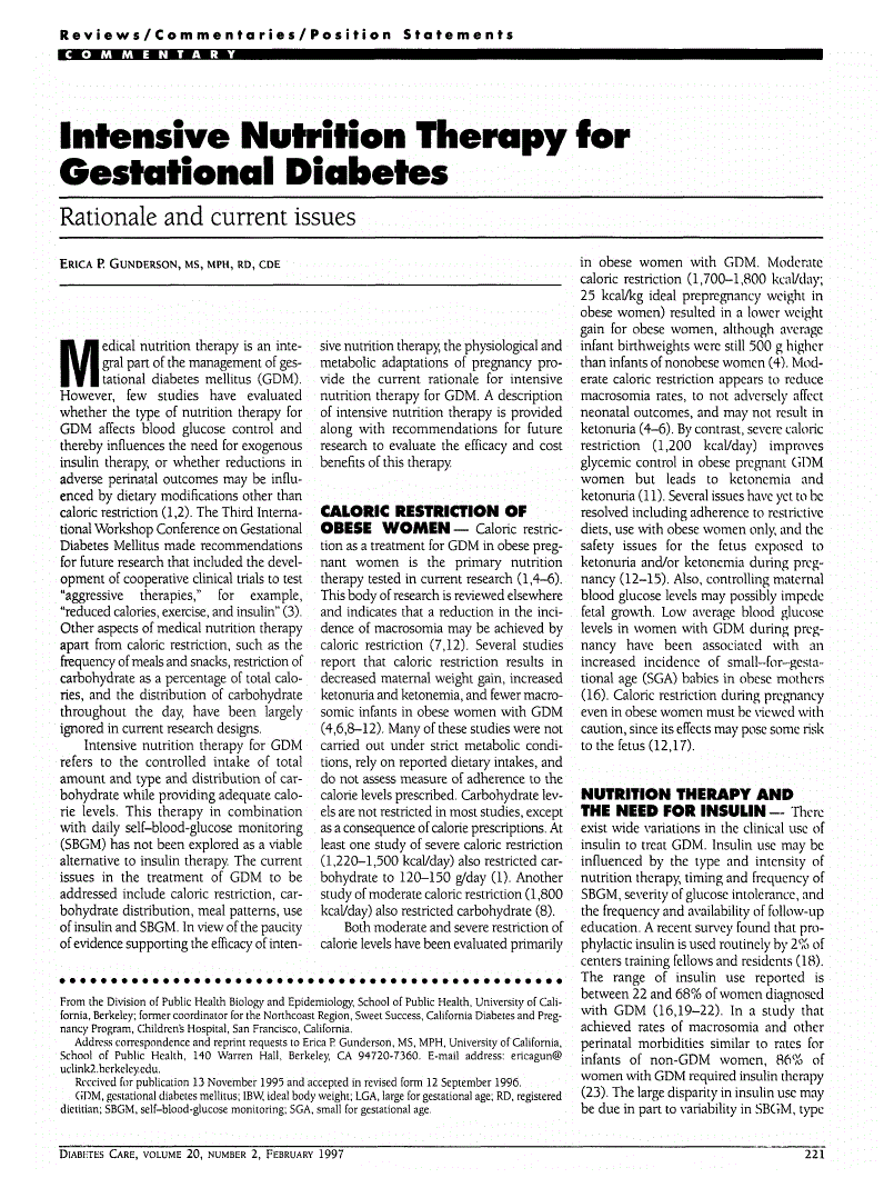 First page of Intensive Nutrition Therapy for Gestational Diabetes: Rationale and current issues