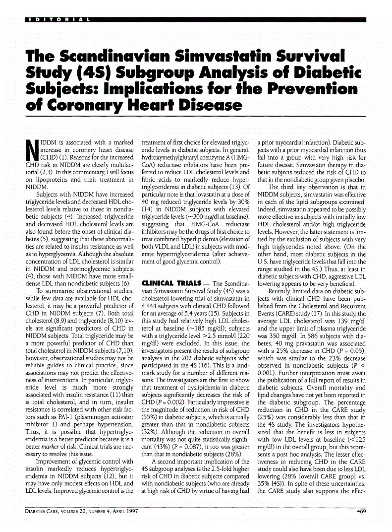 First page of The Scandinavian Simvastatin Survival Study (4S) Subgroup Analysis of Diabetic Subjects: Implications for the Prevention of Coronary Heart Disease