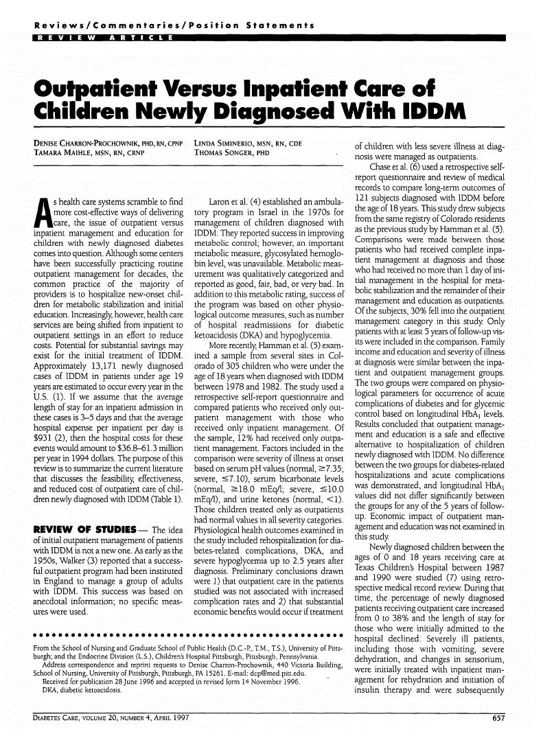First page of Outpatient Versus Inpatient Care of Children Newly Diagnosed With IDDM