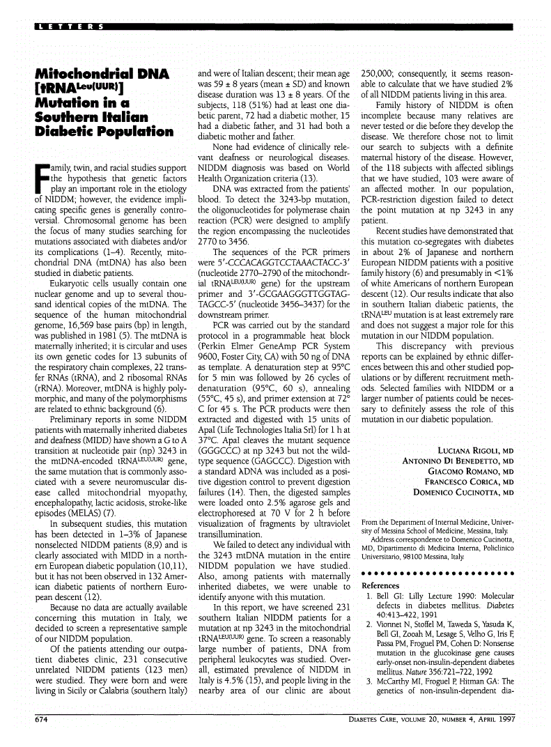 First page of Mitochondrial DNA [tRNA<sup>Leu(UUR)</sup>] Mutation in a Southern Italian Diabetic Population