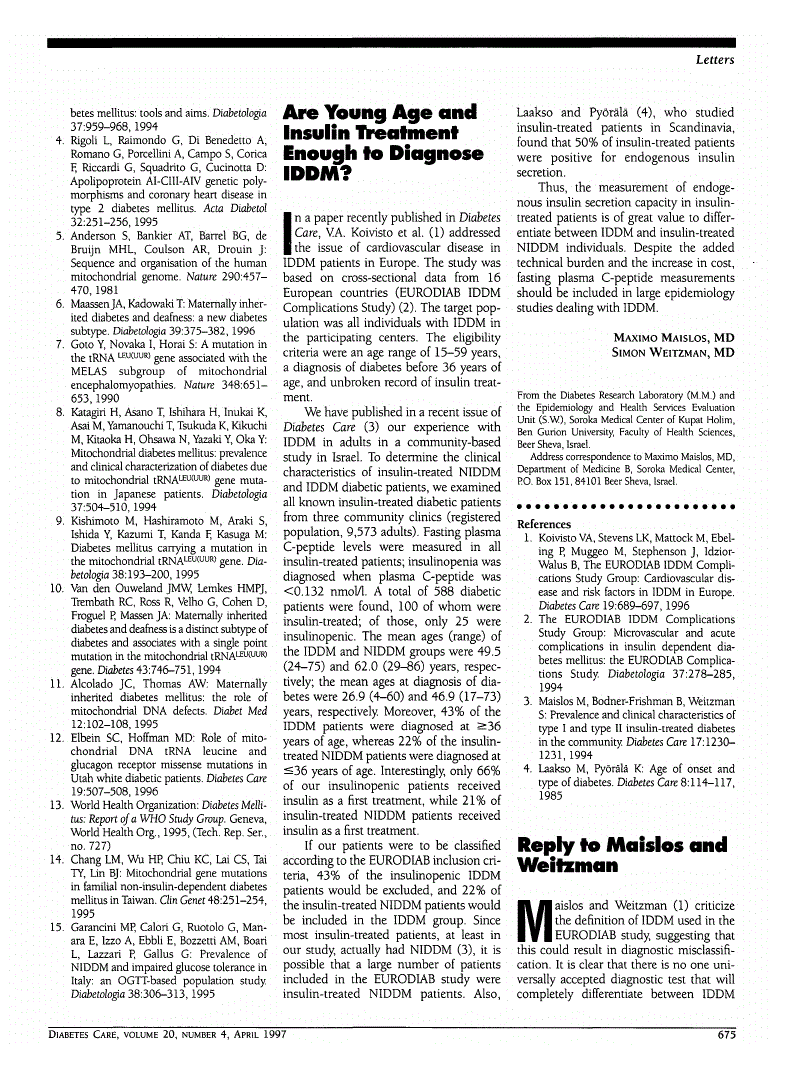First page of Are Young Age and Insulin Treatment Enough to Diagnose IDDM?