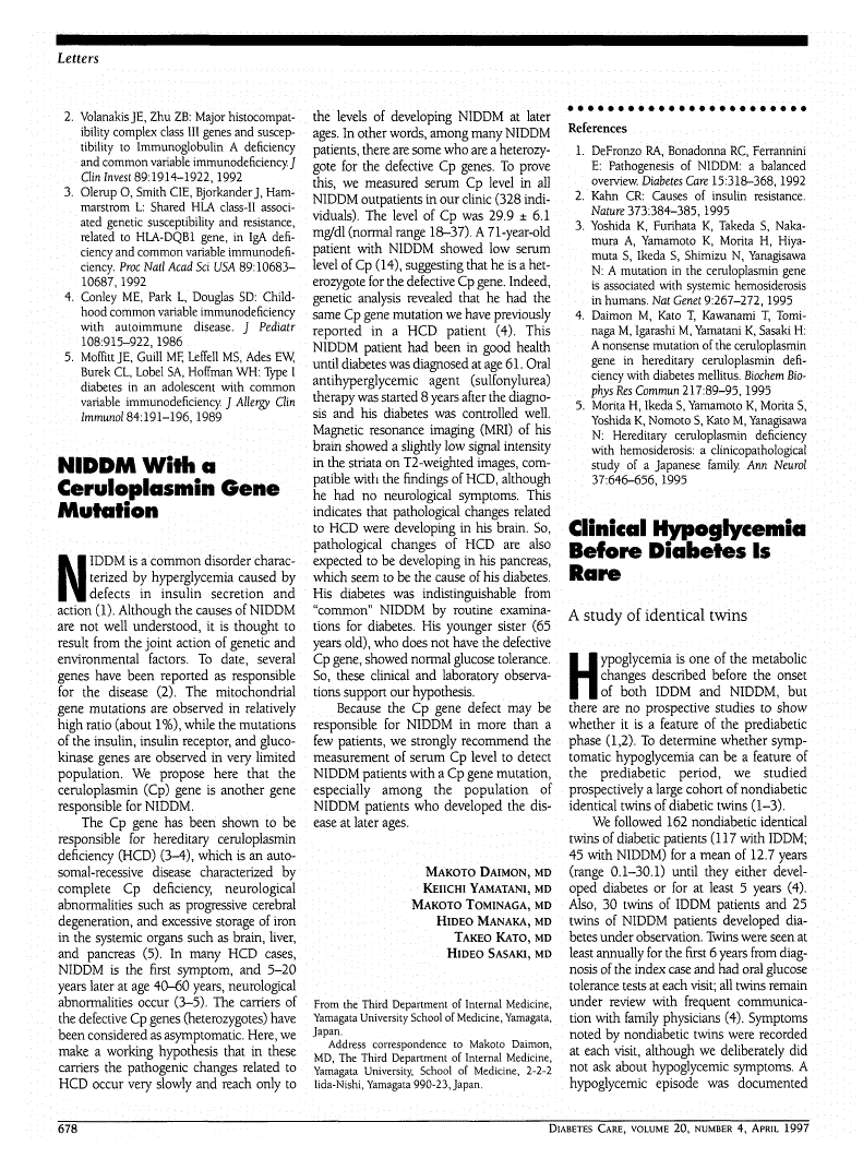 First page of Clinical Hypoglycemia Before Diabetes Is Rare: A study of identical twins