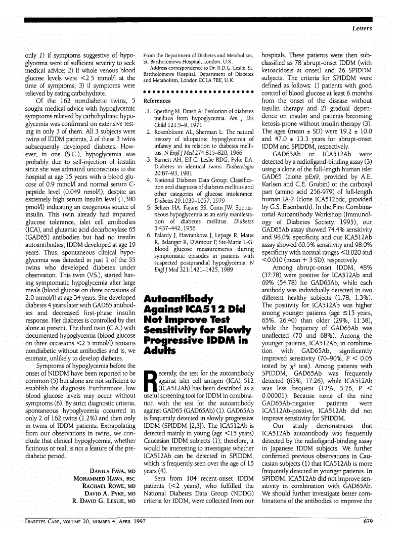 First page of Autoantibody Against ICA512 Did Not Improve Test Sensitivity for Slowly Progressive IDDM in Adults