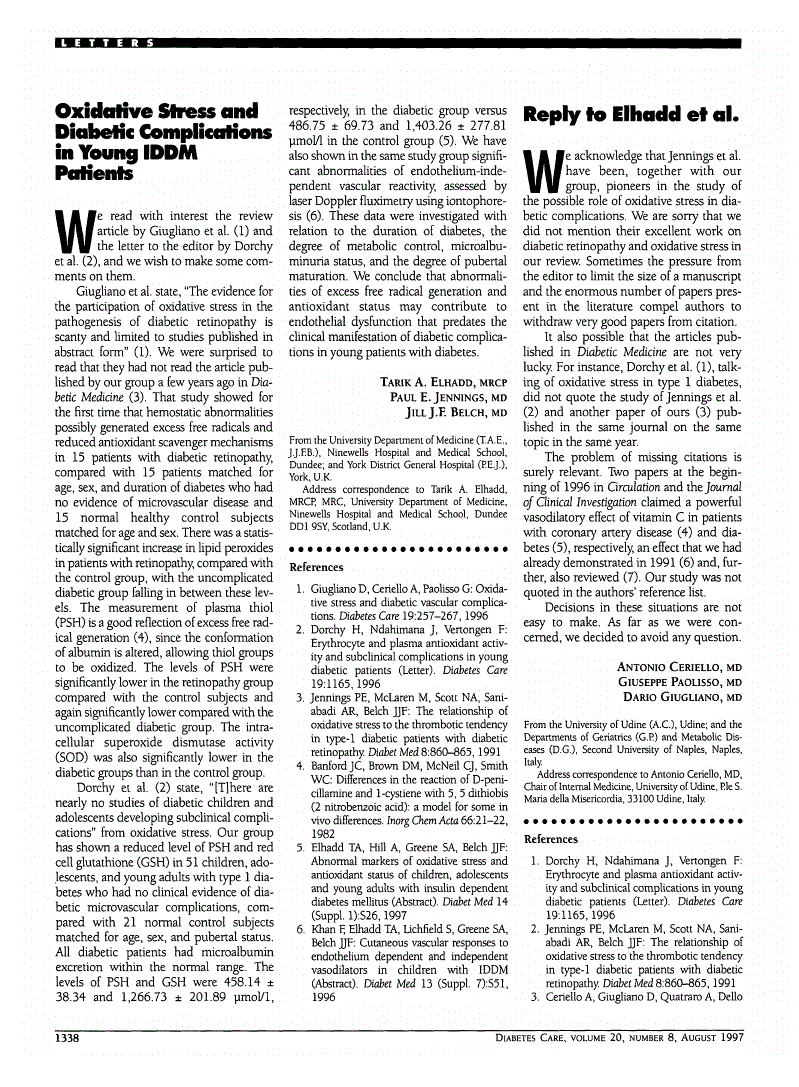 First page of Oxidative Stress and Diabetic Complications in Young IDDM Patients