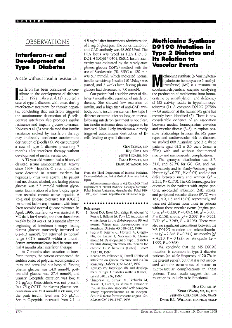 First page of Methionine Synthase D919G Mutation in Type 2 Diabetes and Its Relation to Vascular Events