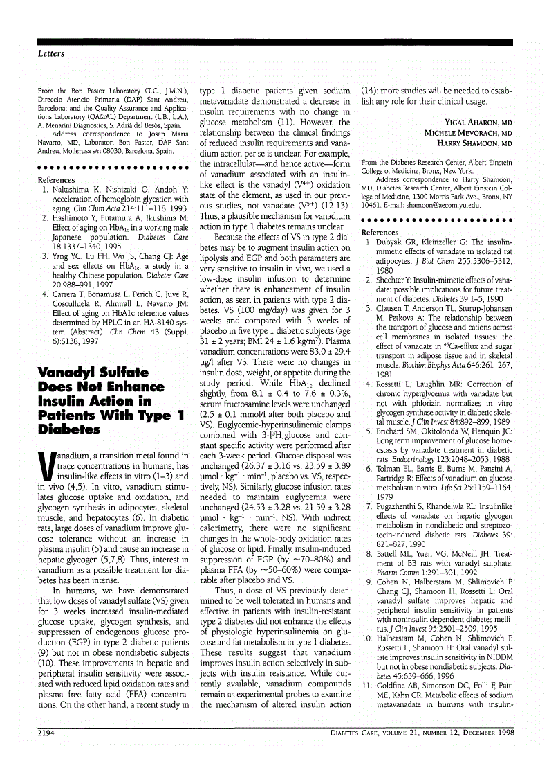 First page of Vanadyl Sulfate Does Not Enhance Insulin Action in Patients With Type 1 Diabetes