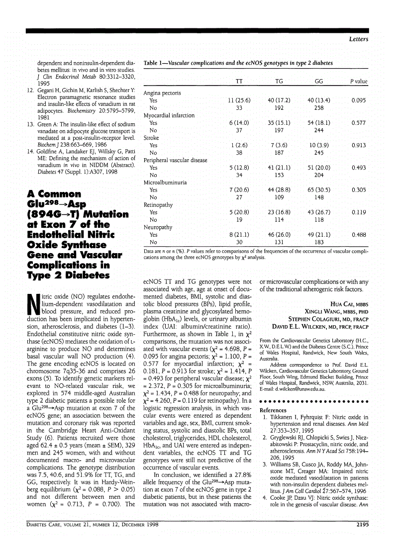 First page of A Common Glu<sup>298</sup>→Asp (894G→T) Mutation at Exon 7 of the Endothelial Nitric Oxide Synthase Gene and Vascular Complications in Type 2 Diabetes