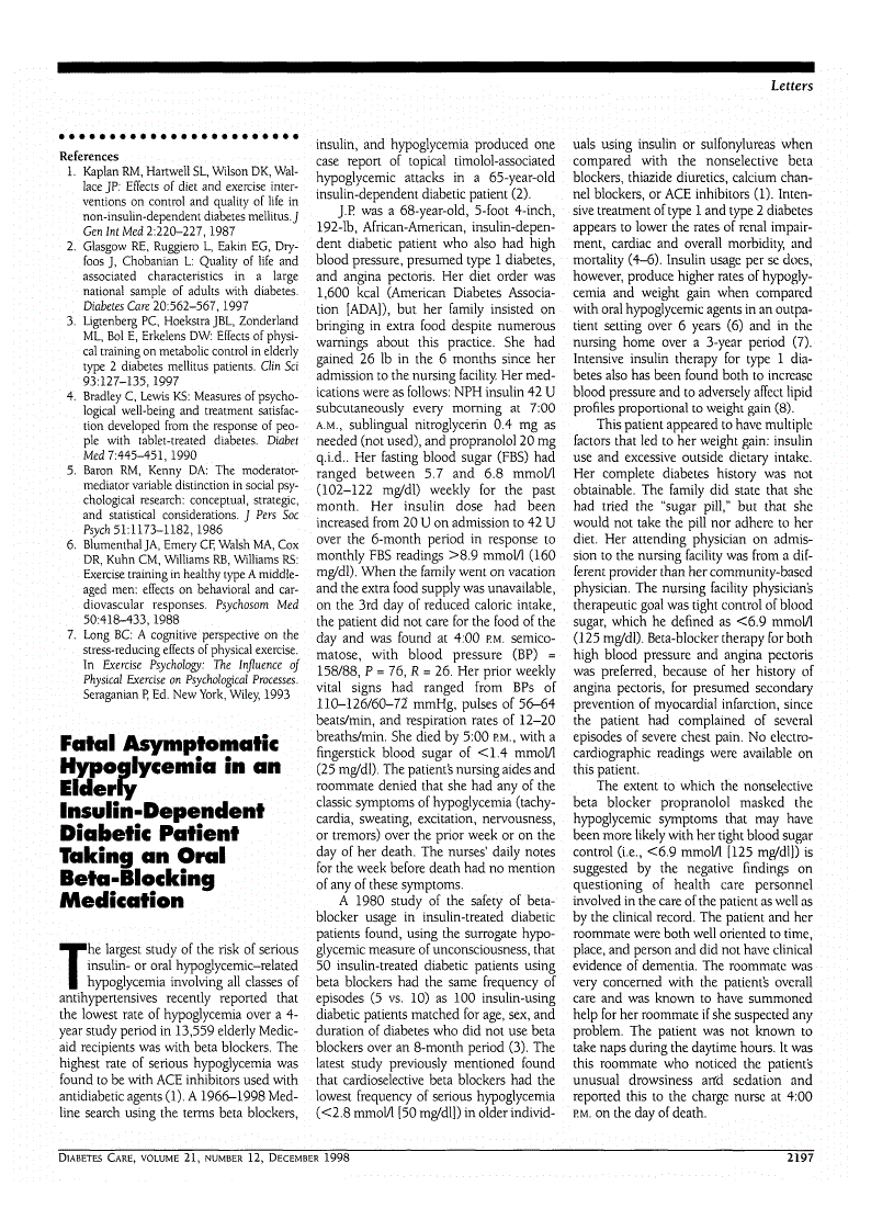 First page of Fatal Asymptomatic Hypoglycemia in an Elderly Insulin-Dependent Diabetic Patient Taking an Oral Beta-Blocking Medication
