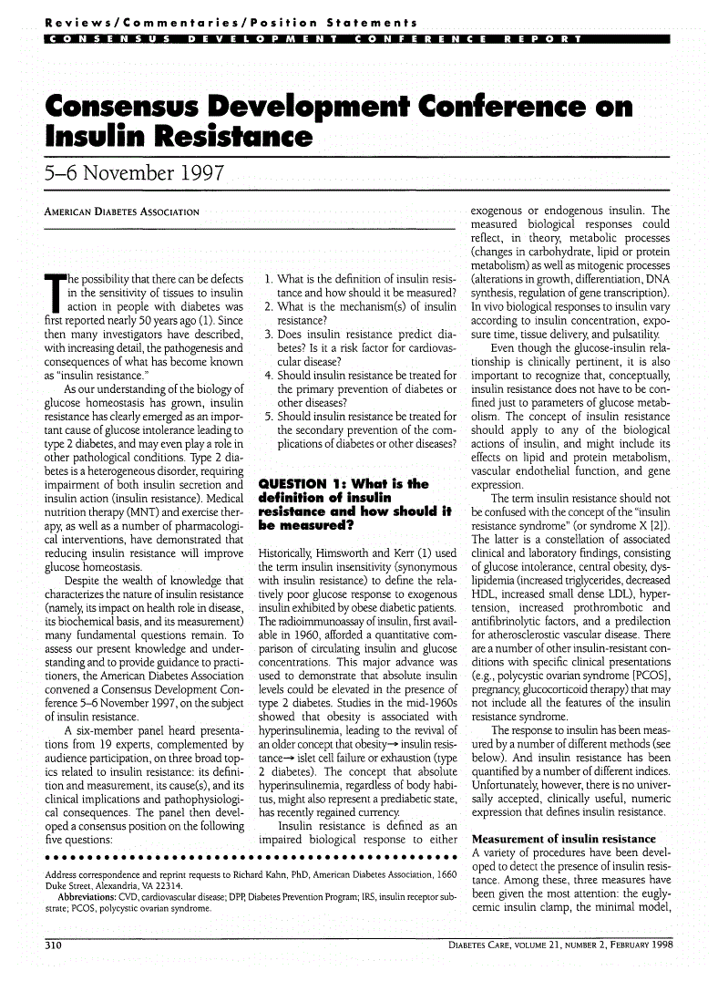 First page of Consensus Development Conference on Insulin Resistance: 5–6 November 1997