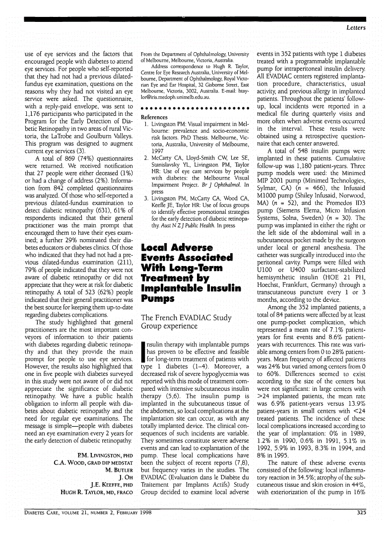 First page of Local Adverse Events Associated With Long-Term Treatment by Implantable Insulin Pumps: The French EVADIAC Study Group experience