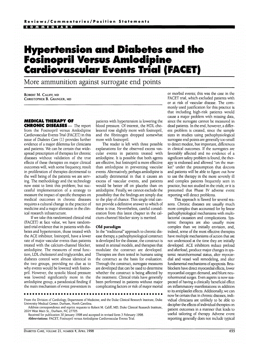 First page of Hypertension and Diabetes and the Fosinopril Versus Amlodipine Cardiovascular Events Trial (FACET): More ammunition against surrogate end points