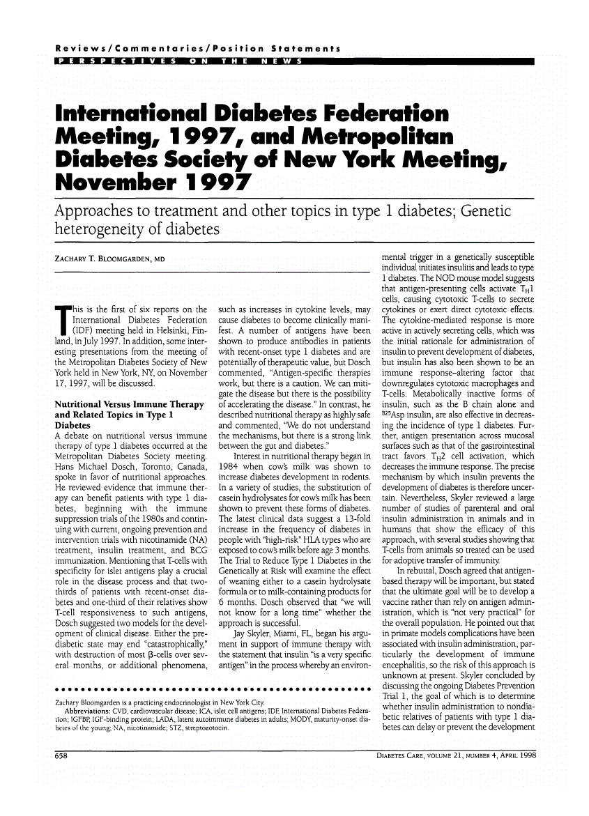 First page of International Diabetes Federation Meeting, 1997, and Metropolitan Diabetes Society of New York Meeting, November 1997: Approaches to treatment and other topics in type 1 diabetes; Genetic heterogeneity of diabetes