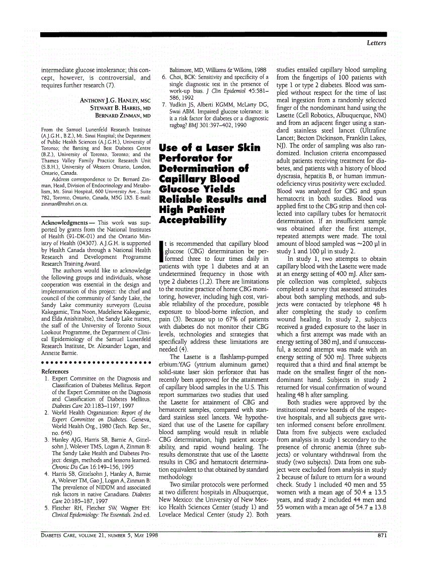 First page of Use of a Laser Skin Perforator for Determination of Capillary Blood Glucose Yields Reliable Results and High Patient Acceptability