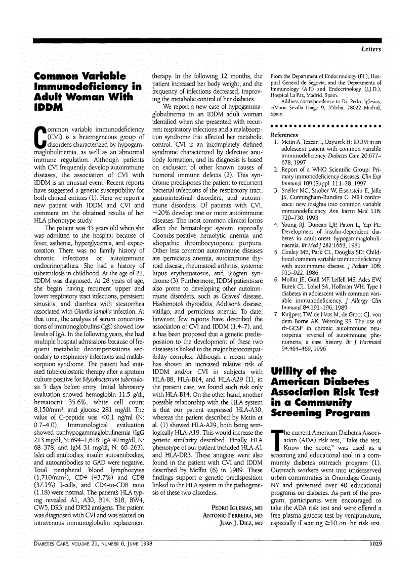 First page of Common Variable Immunodeficiency in Adult Woman With IDDM