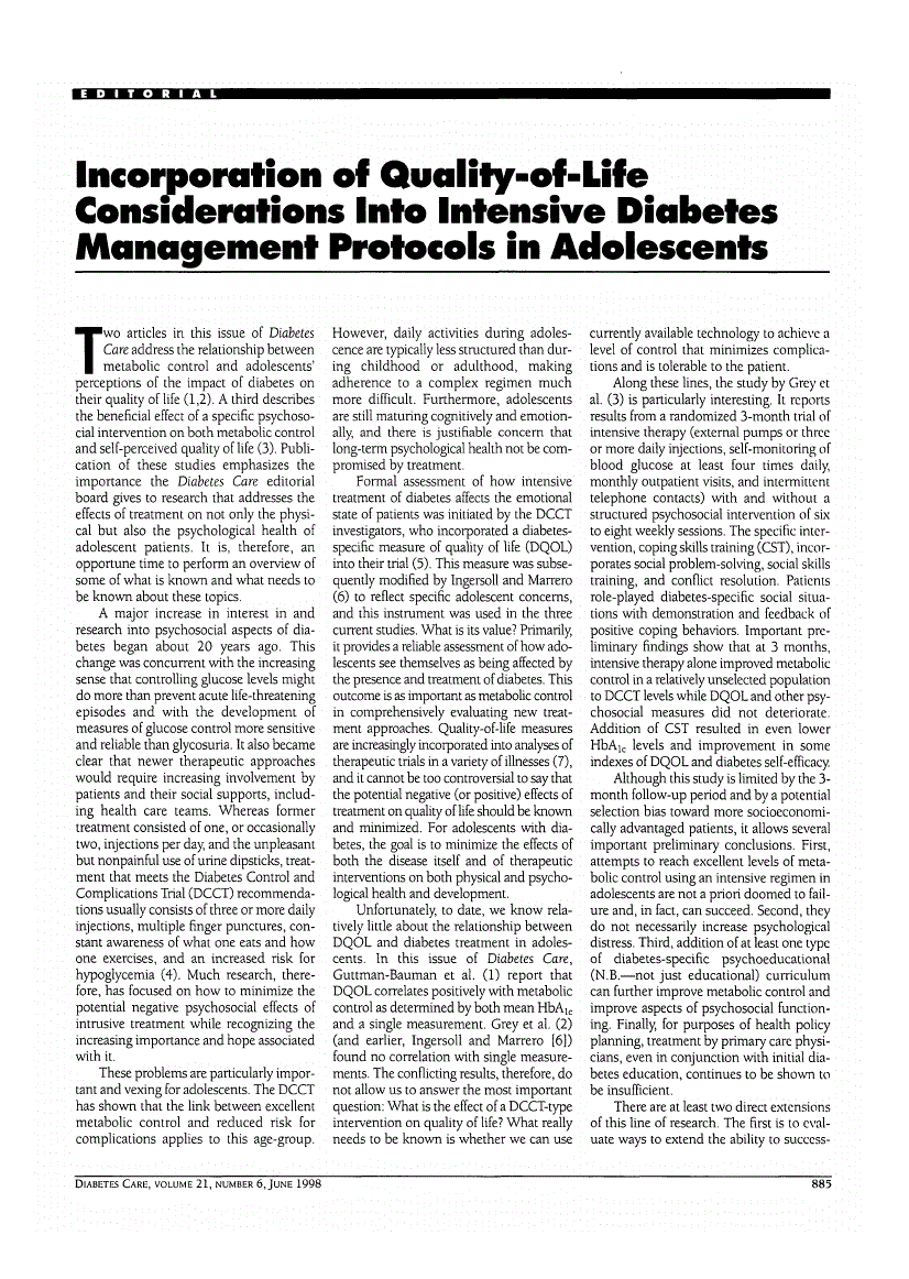 First page of Incorporation of Quality-of-Life Considerations Into Intensive Diabetes Management Protocols in Adolescents
