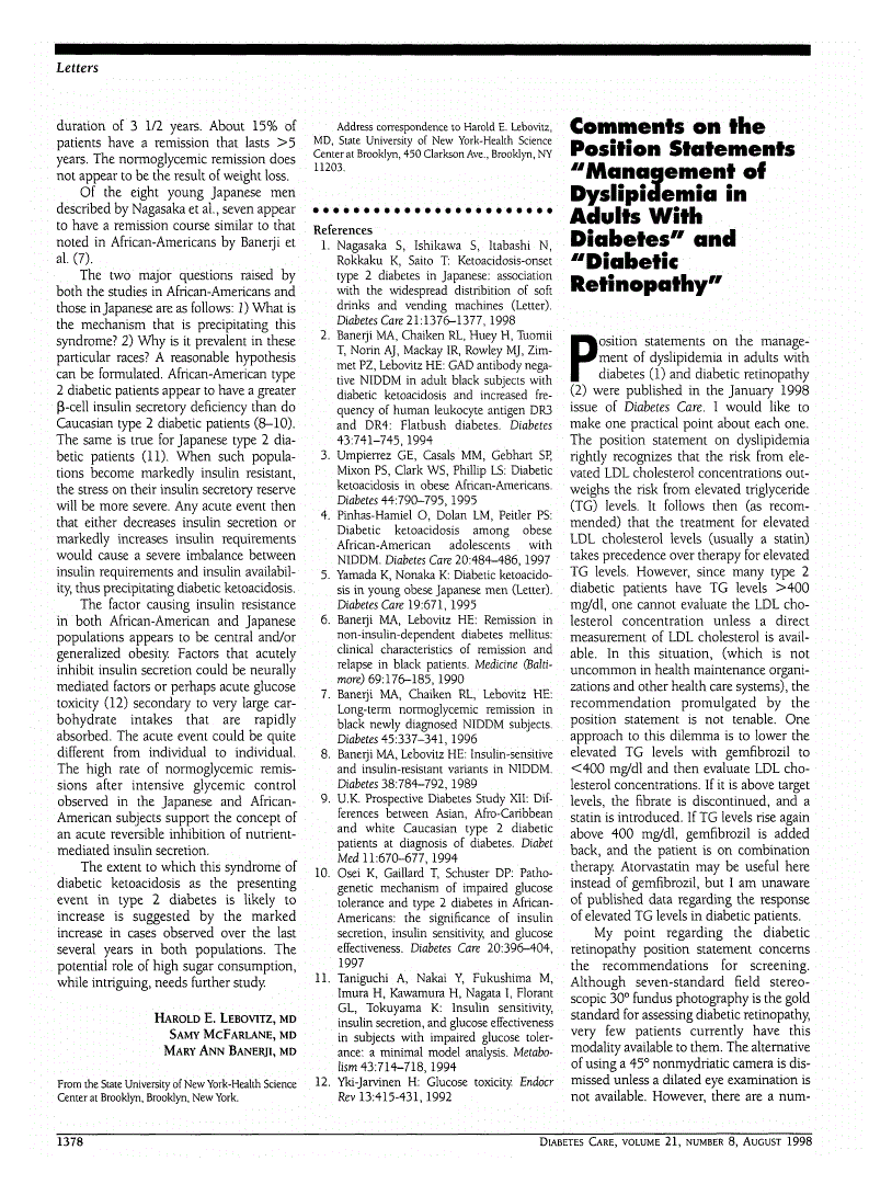 First page of Comments on the Position Statements “Management of Dyslipidemia in Adults With Diabetes” and “Diabetic Retinopathy”