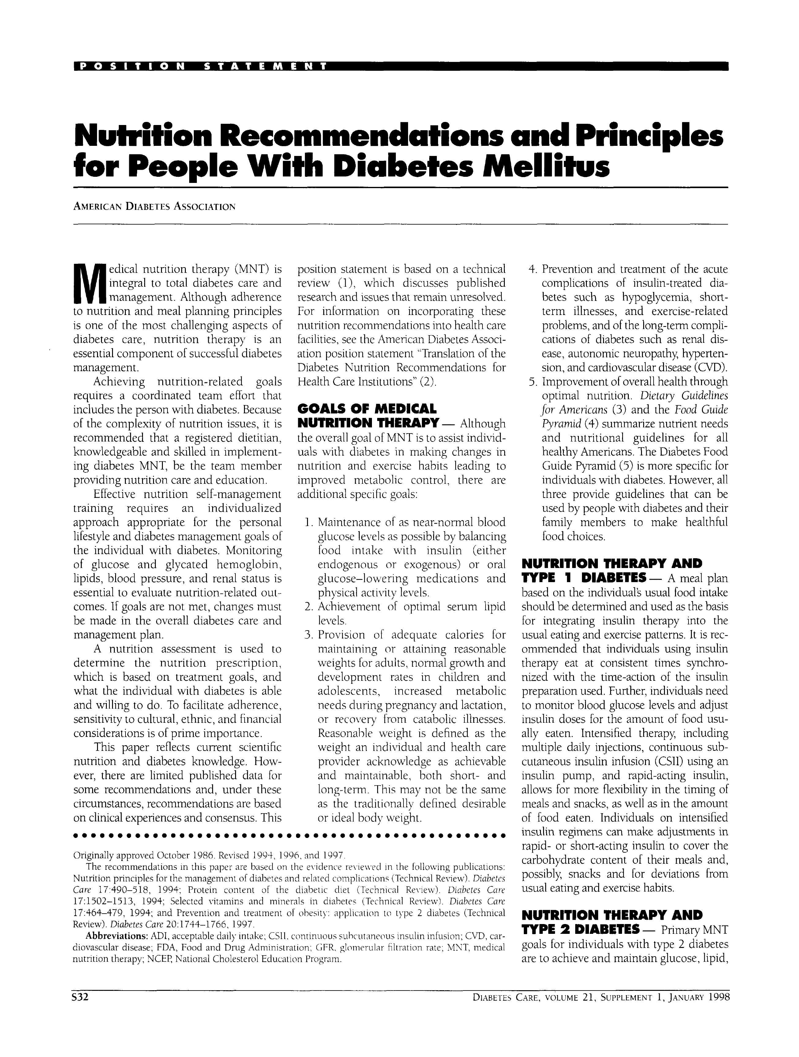 First page of Nutrition Recommendations and Principles for People With Diabetes Mellitus