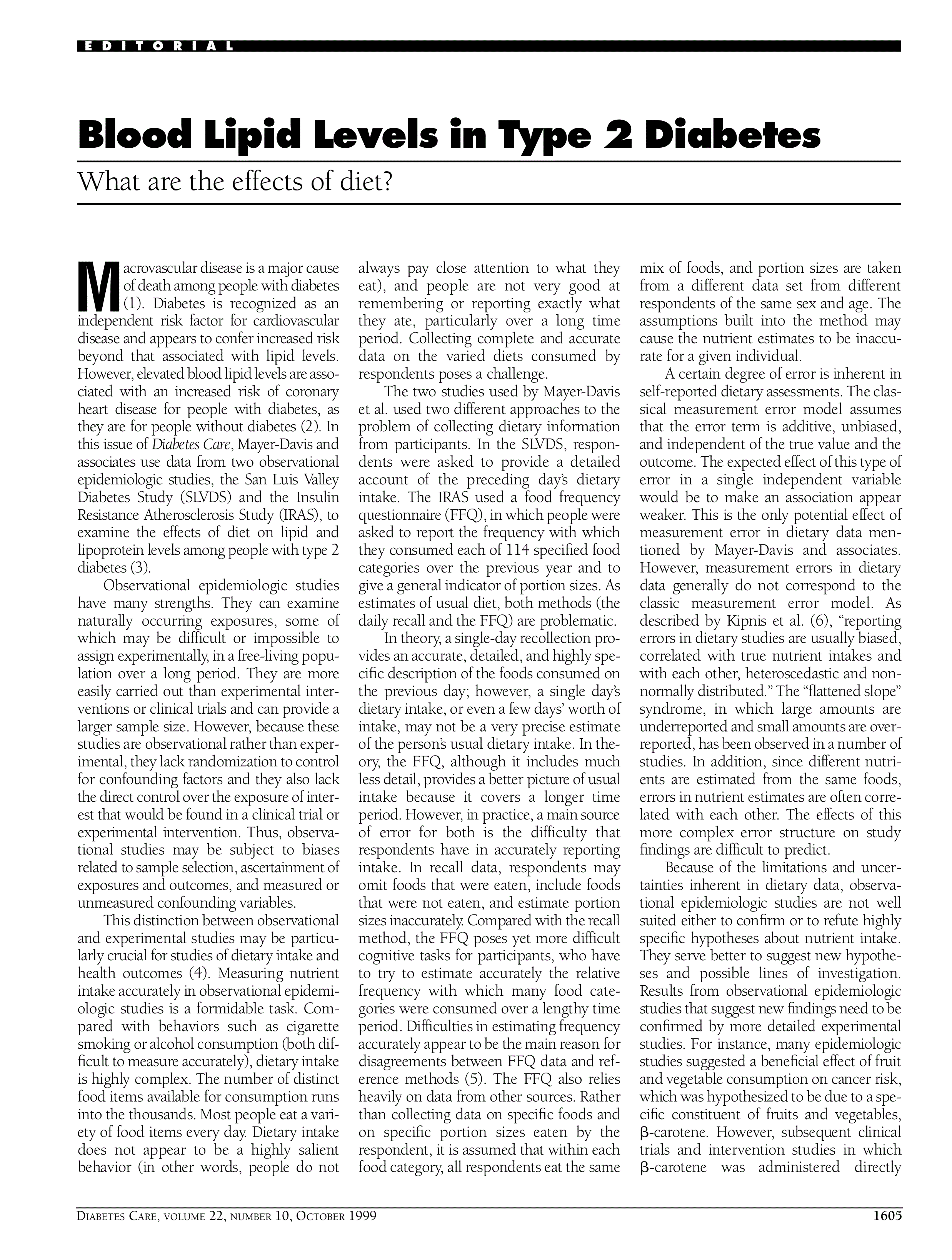 First page of Blood lipid levels in type 2 diabetes. What are the effects of diet?