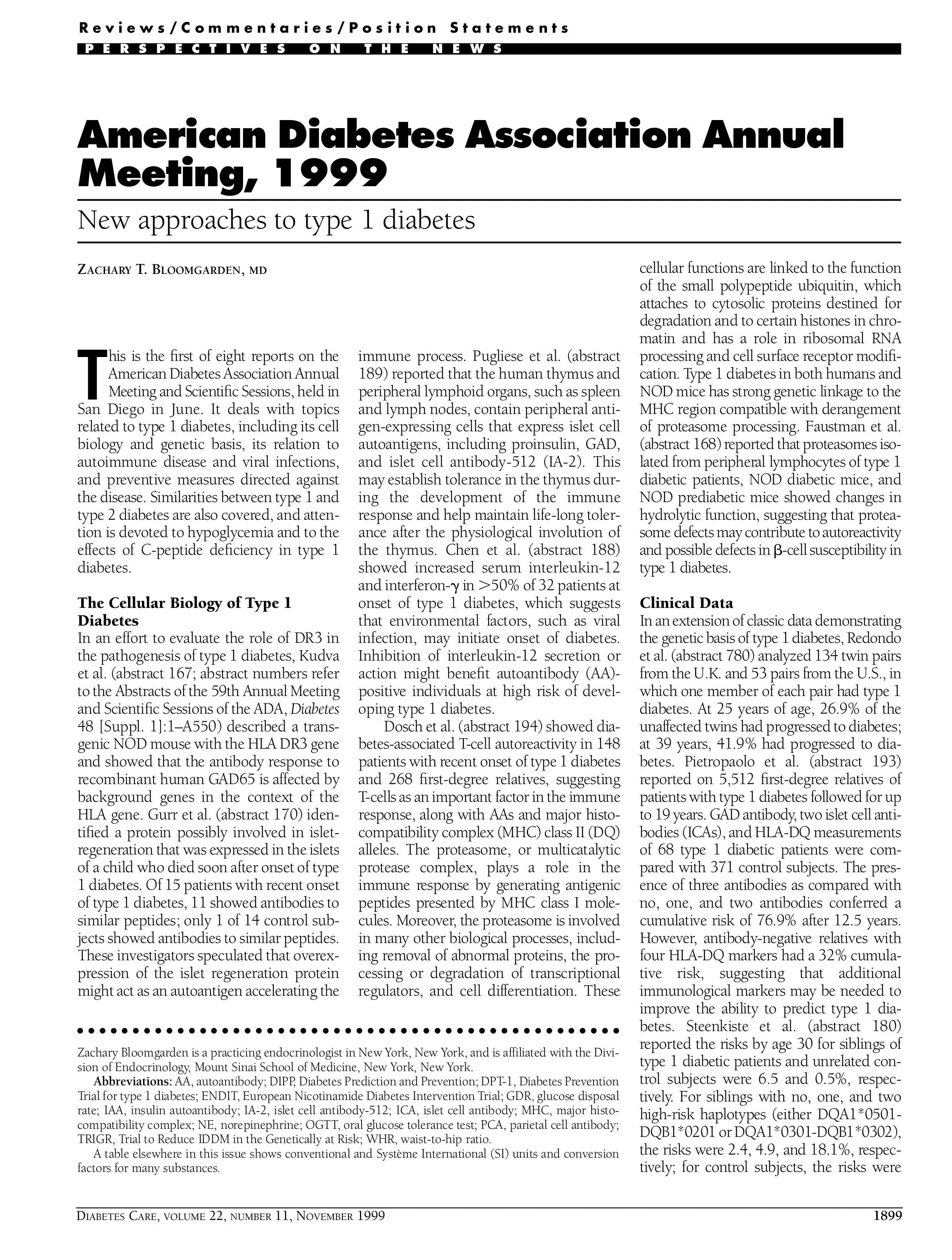 First page of American Diabetes Association Annual Meeting, 1999. New approaches to type 1 diabetes.