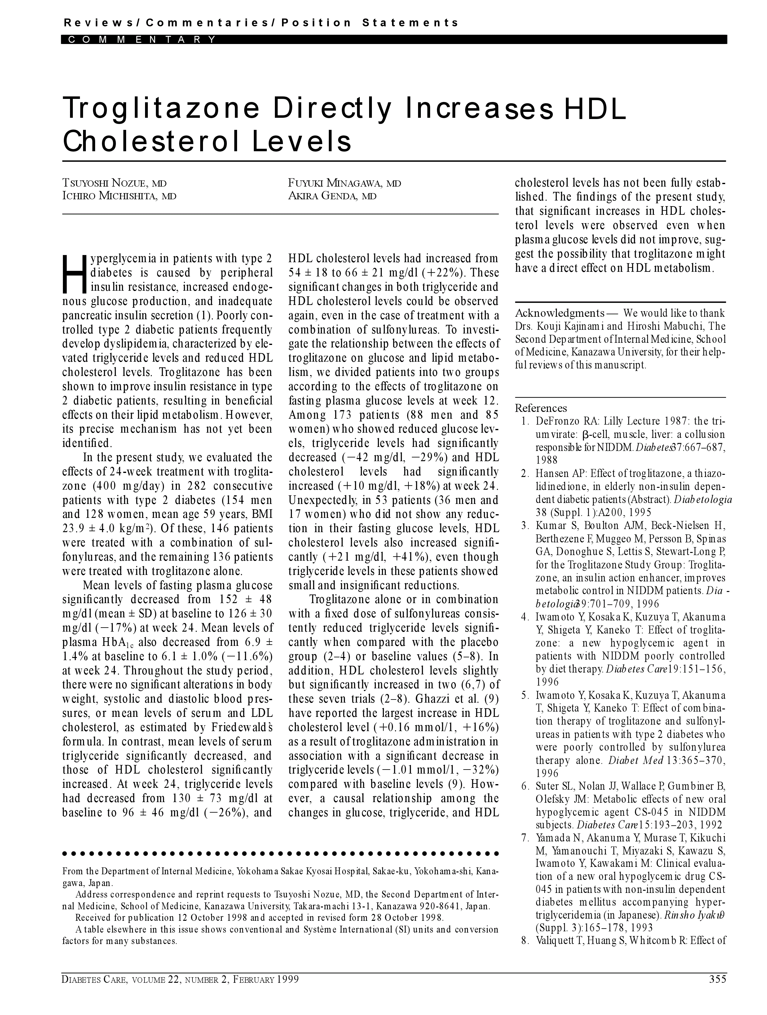 First page of Troglitazone directly increases HDL cholesterol levels.