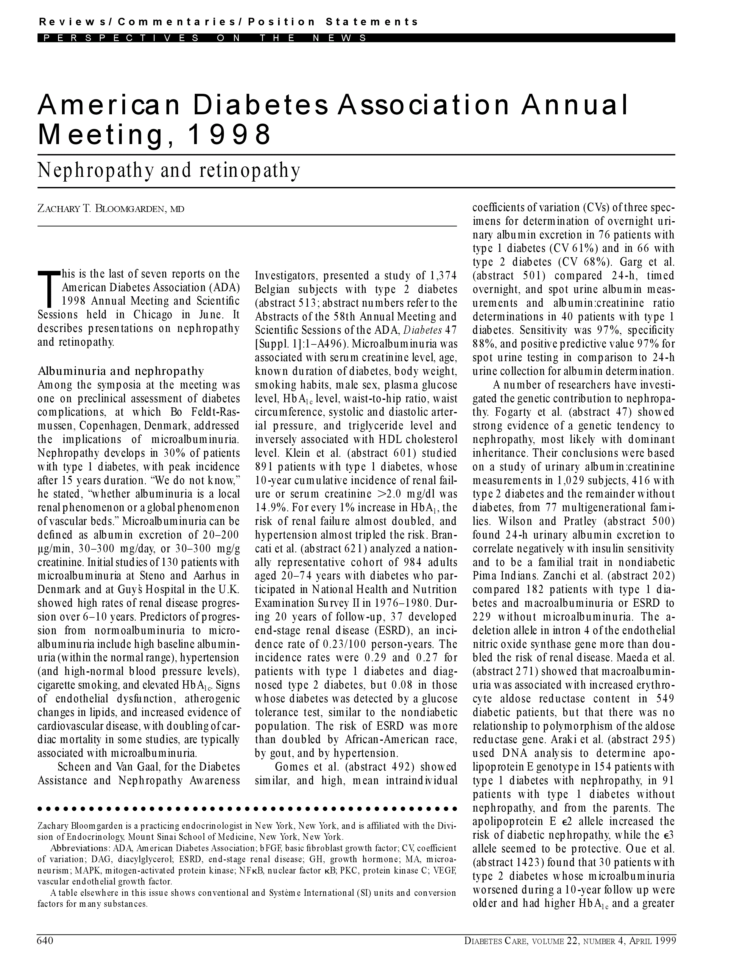 First page of American Diabetes Association Annual Meeting, 1998. Nephropathy and retinopathy.