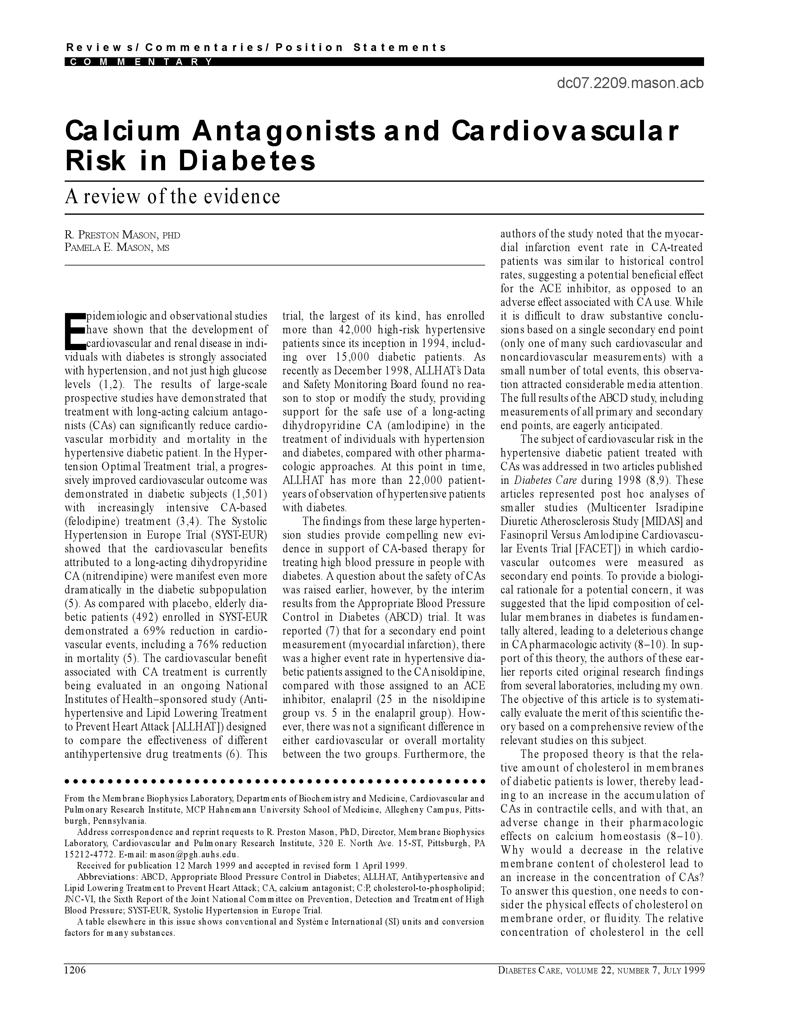 First page of Calcium antagonists and cardiovascular risk in diabetes. A review of the evidence.