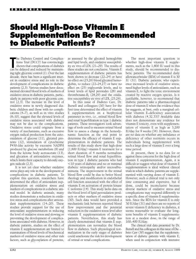 First page of Should high-dose vitamin E supplementation be recommended to diabetic patients?