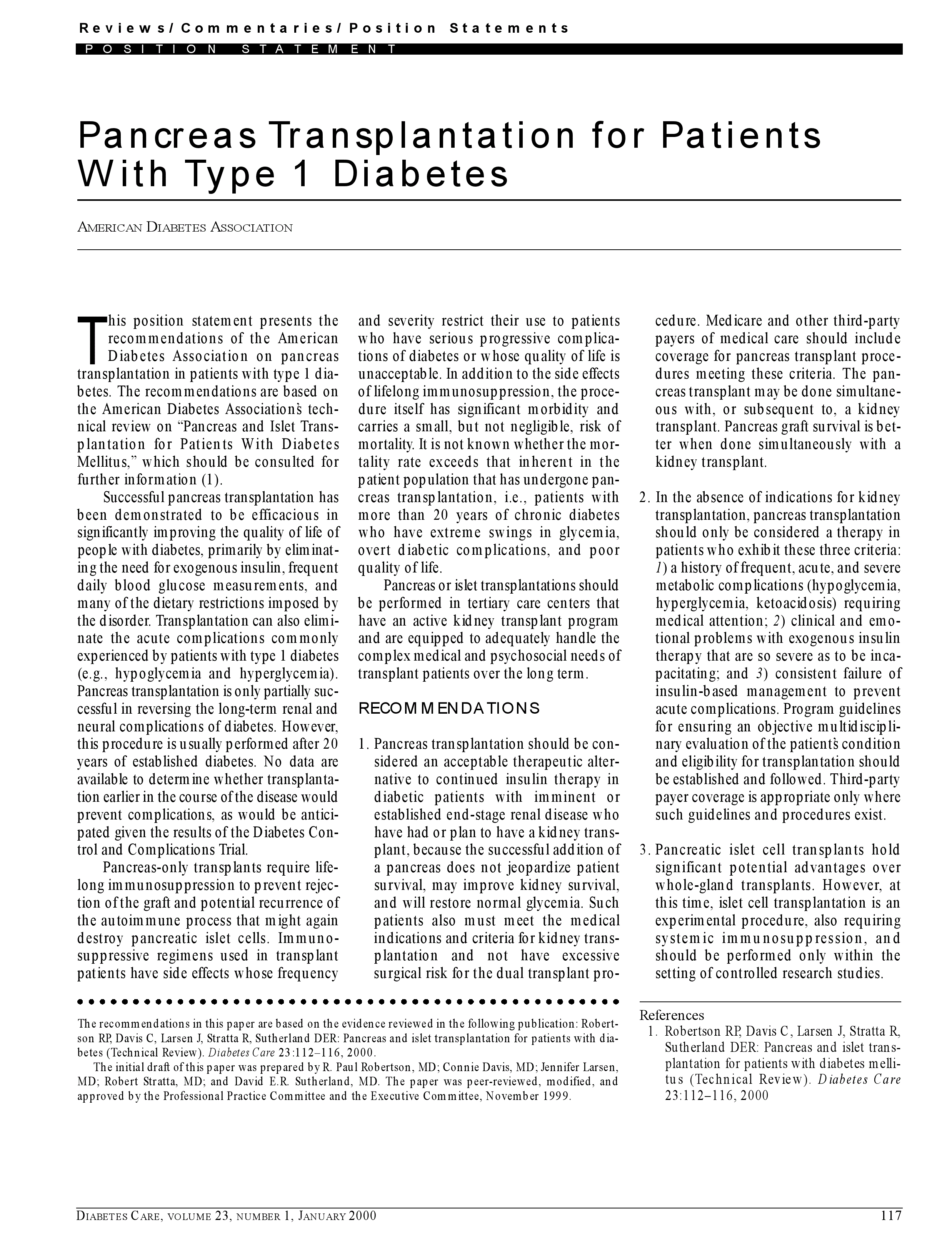 First page of Pancreas transplantation for patients with type 1 diabetes: American Diabetes Association.