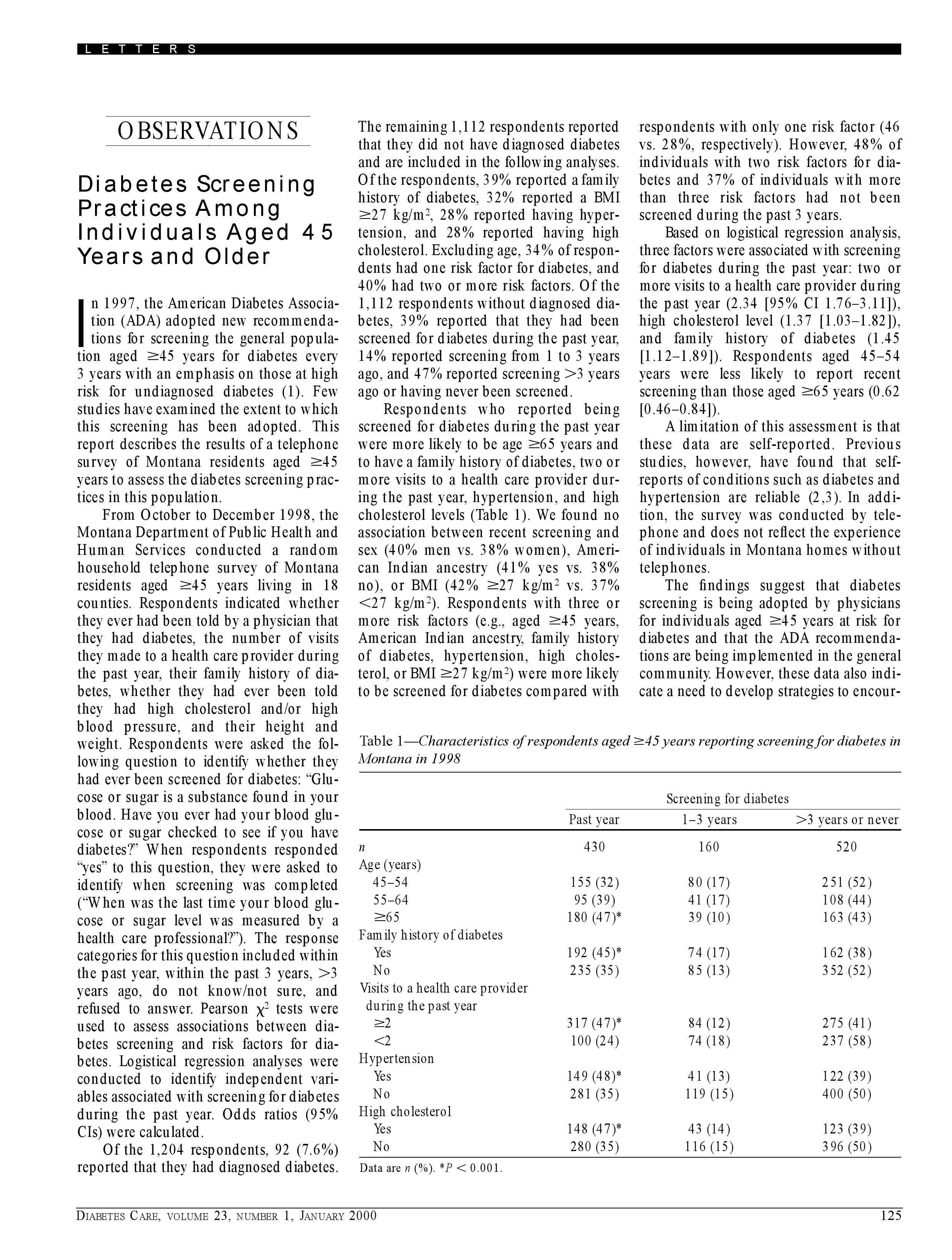 First page of Diabetes screening practices among individuals aged 45 years and older.