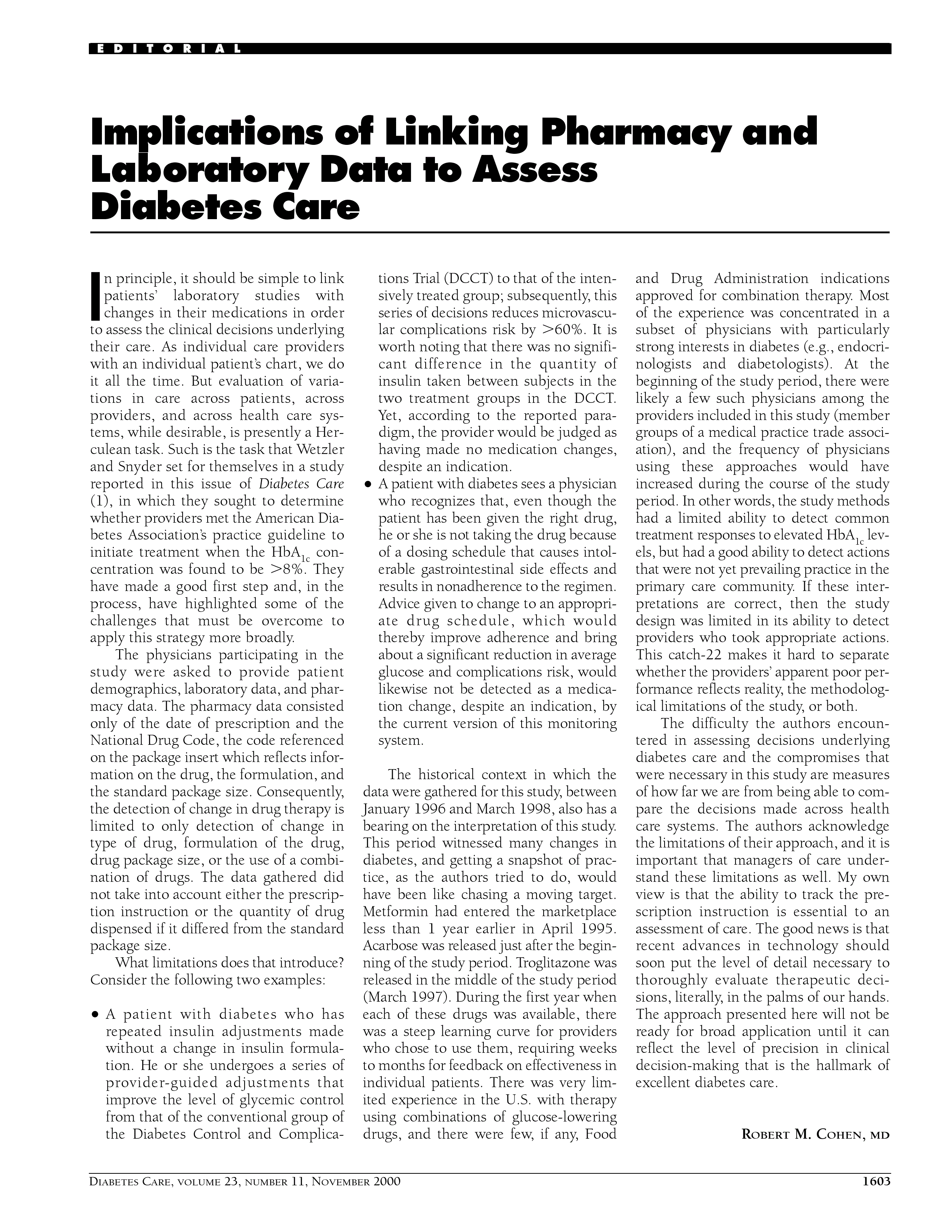 First page of Implications of linking pharmacy and laboratory data to assess diabetes care.