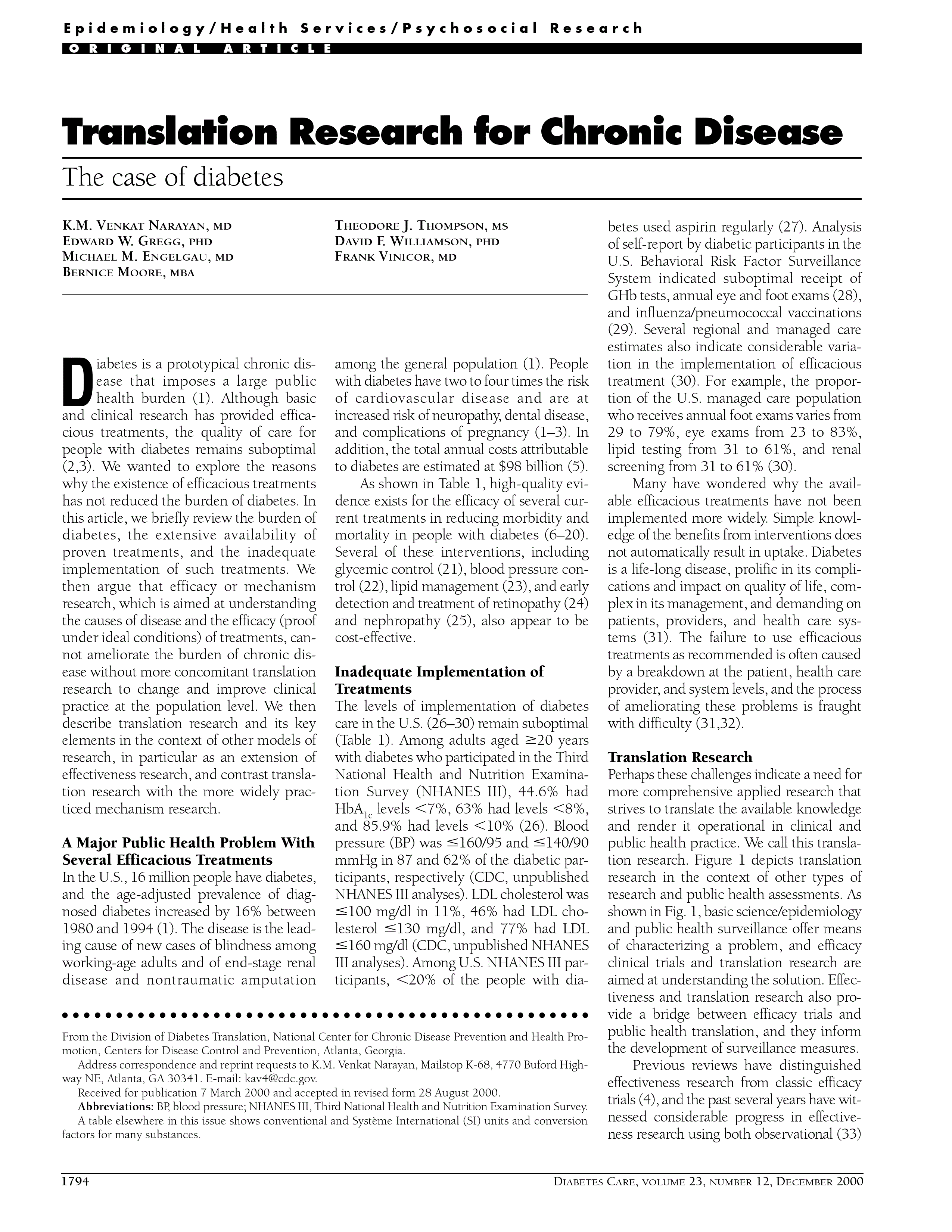 First page of Translation research for chronic disease: the case of diabetes.