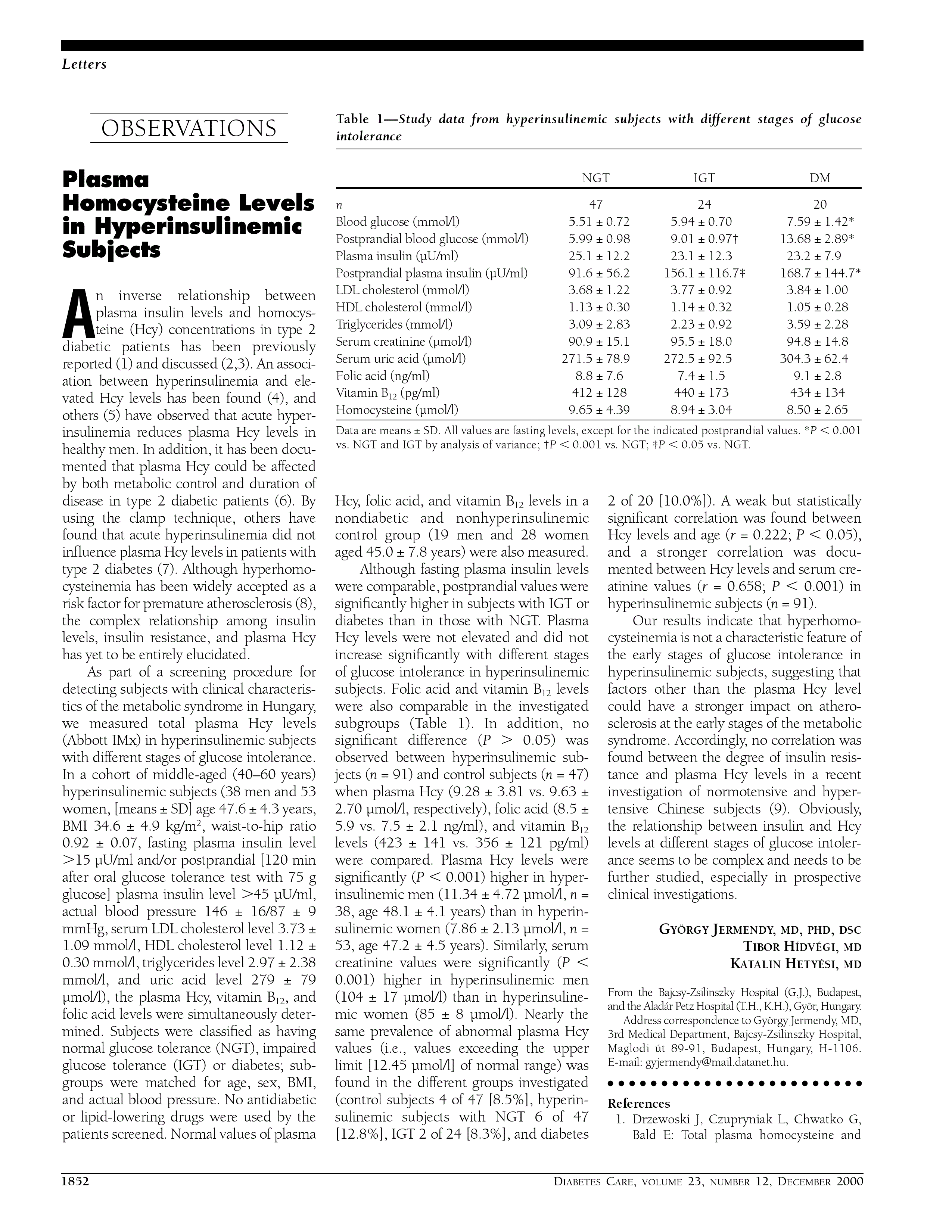 First page of A retrospective study on 435 women with gestational diabetes: fasting plasma glucose is not sensitive enough for screening but predicts a need for insulin treatment.