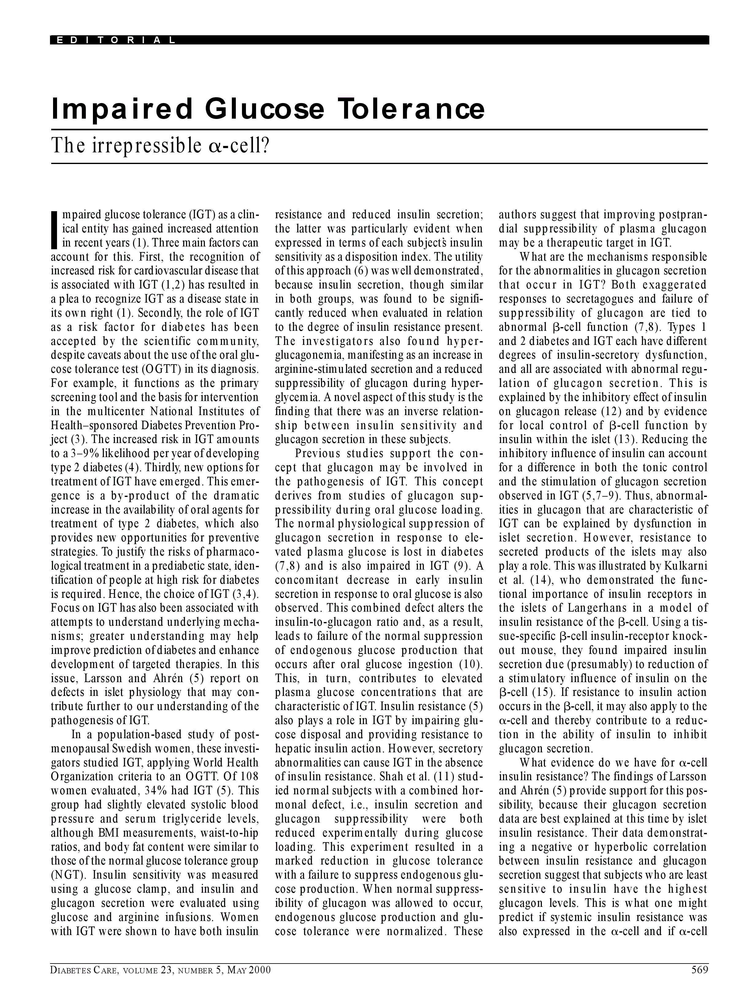 First page of Impaired glucose tolerance: the irrepressible alpha-cell?