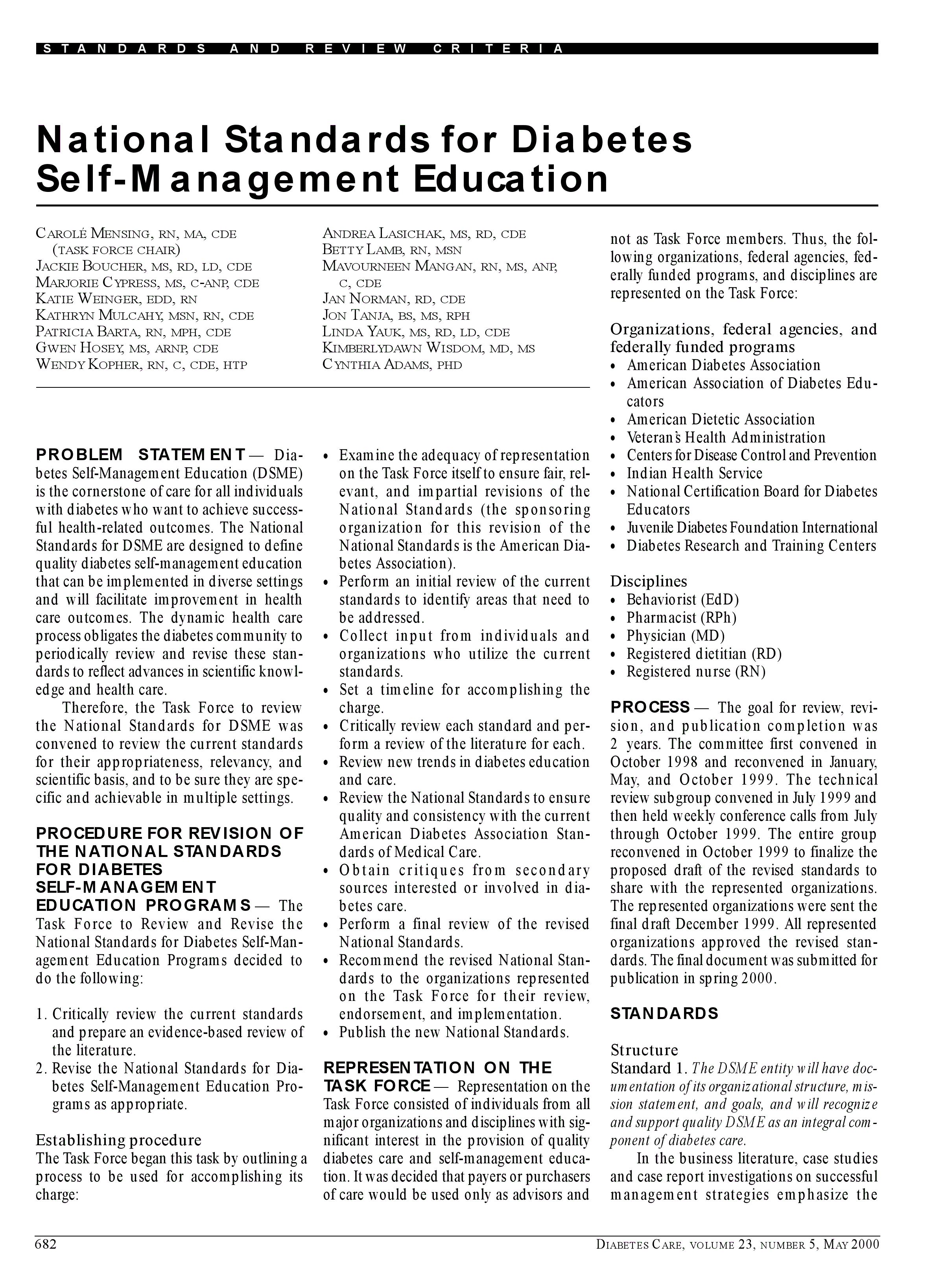 First page of National standards for diabetes self-management education. Task Force to Review and Revise the National Standards for Diabetes Self-Management Education Programs.