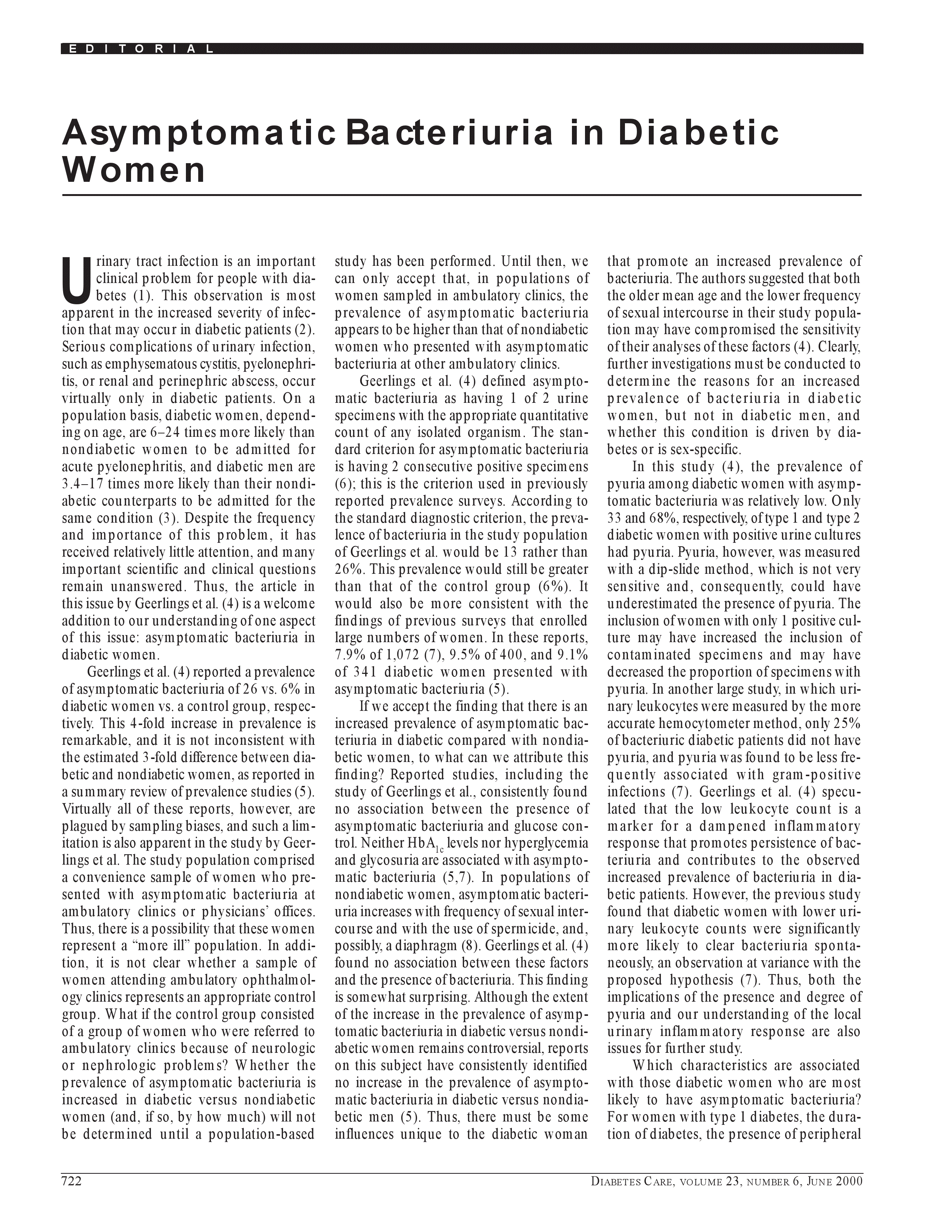 First page of Asymptomatic bacteriuria in diabetic women.