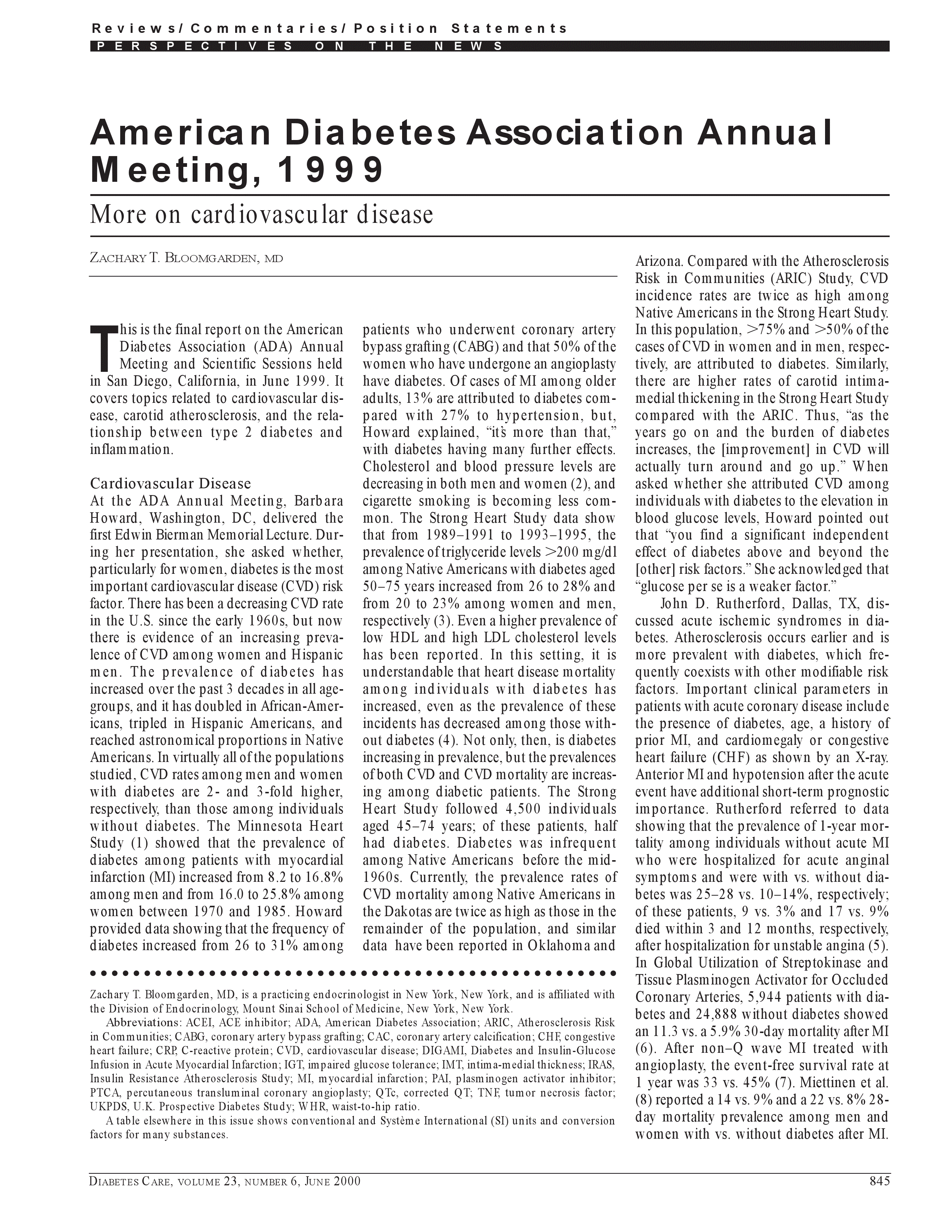 First page of American Diabetes Association Annual Meeting, 1999: more on cardiovascular disease.